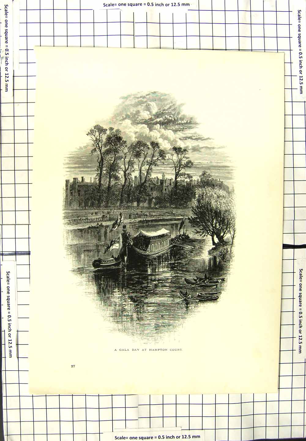 Original Old Antique Print Gala Day Hampton Court River Boats 20th Century