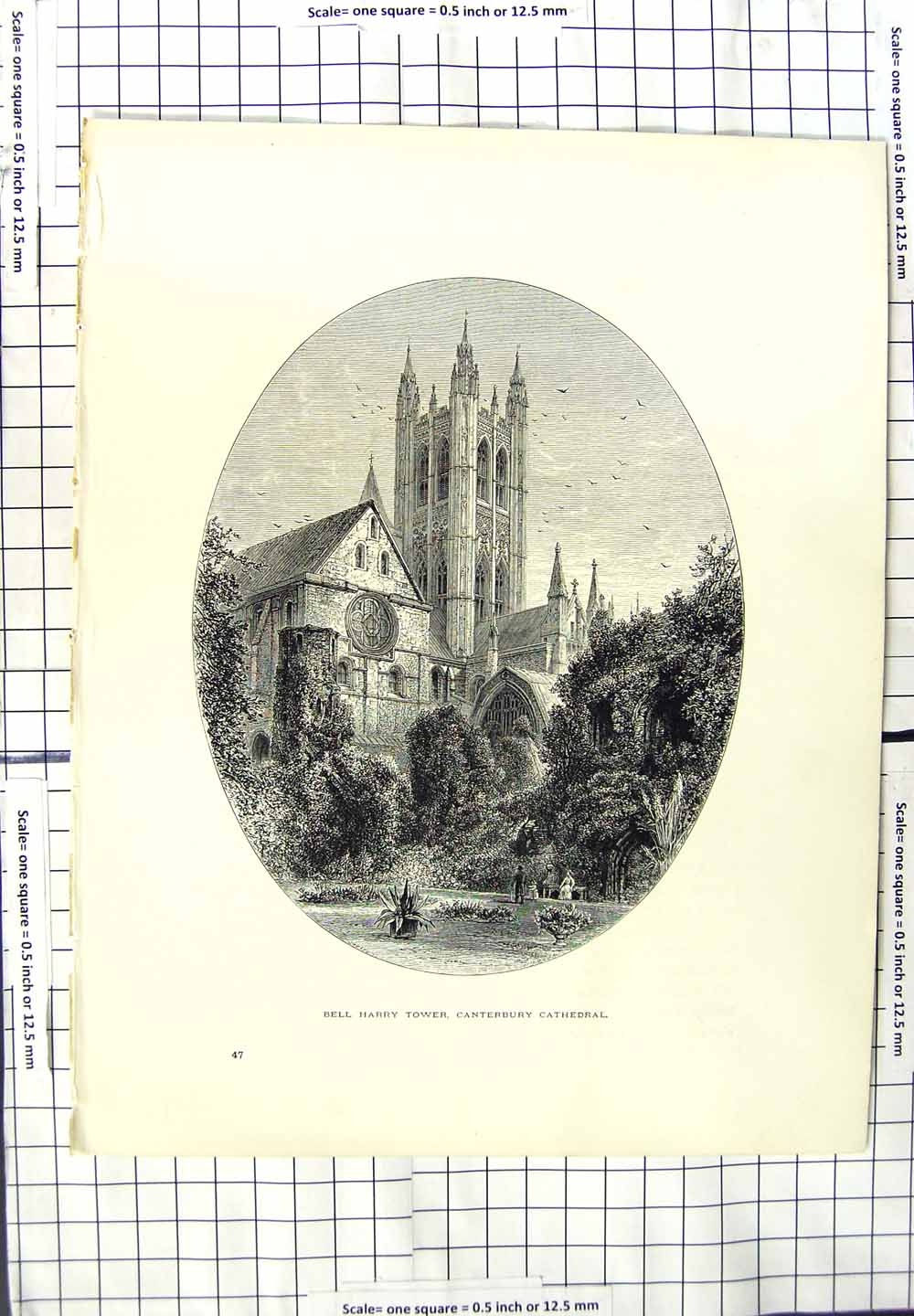 Original Old Antique Print Bell Harry Tower Canterbury Cathedral Architecture