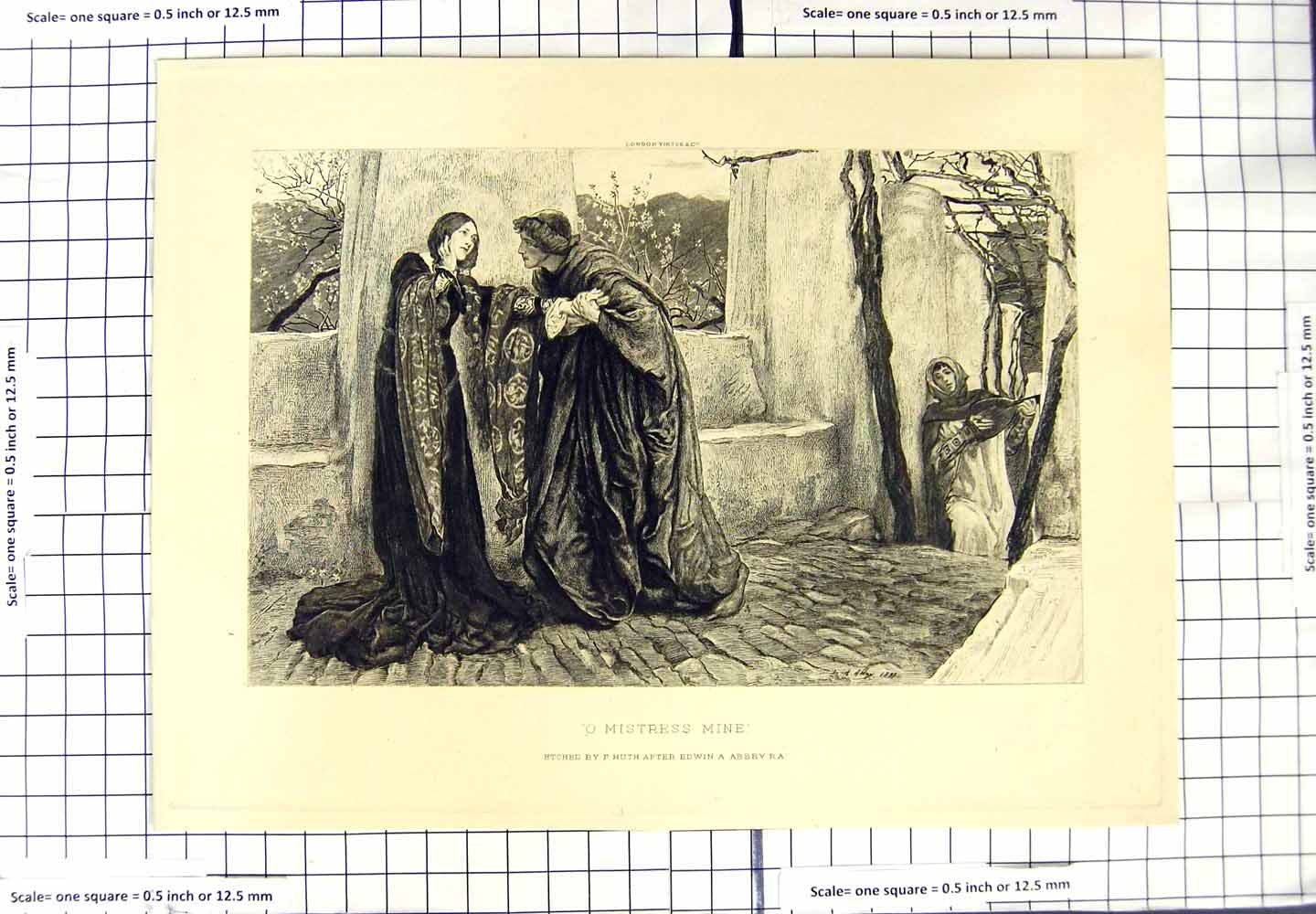 Original Old Antique Print Edwin Abbey Man Woman Romance Mistress 20th Century