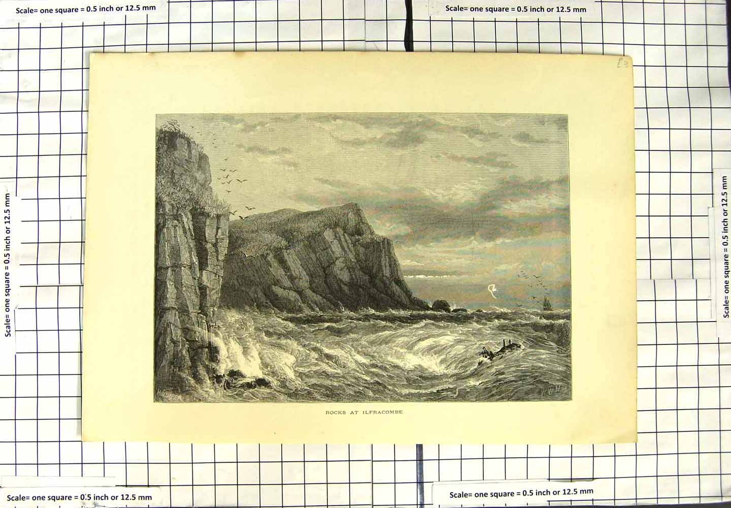 Original Old Antique Print Rocks Ilfracombe Stormy Sea England 20th Century