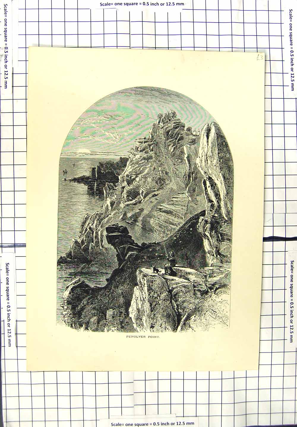 Original Old Antique Print View Penolver Point Rocks Cliffs Sea 20th Century