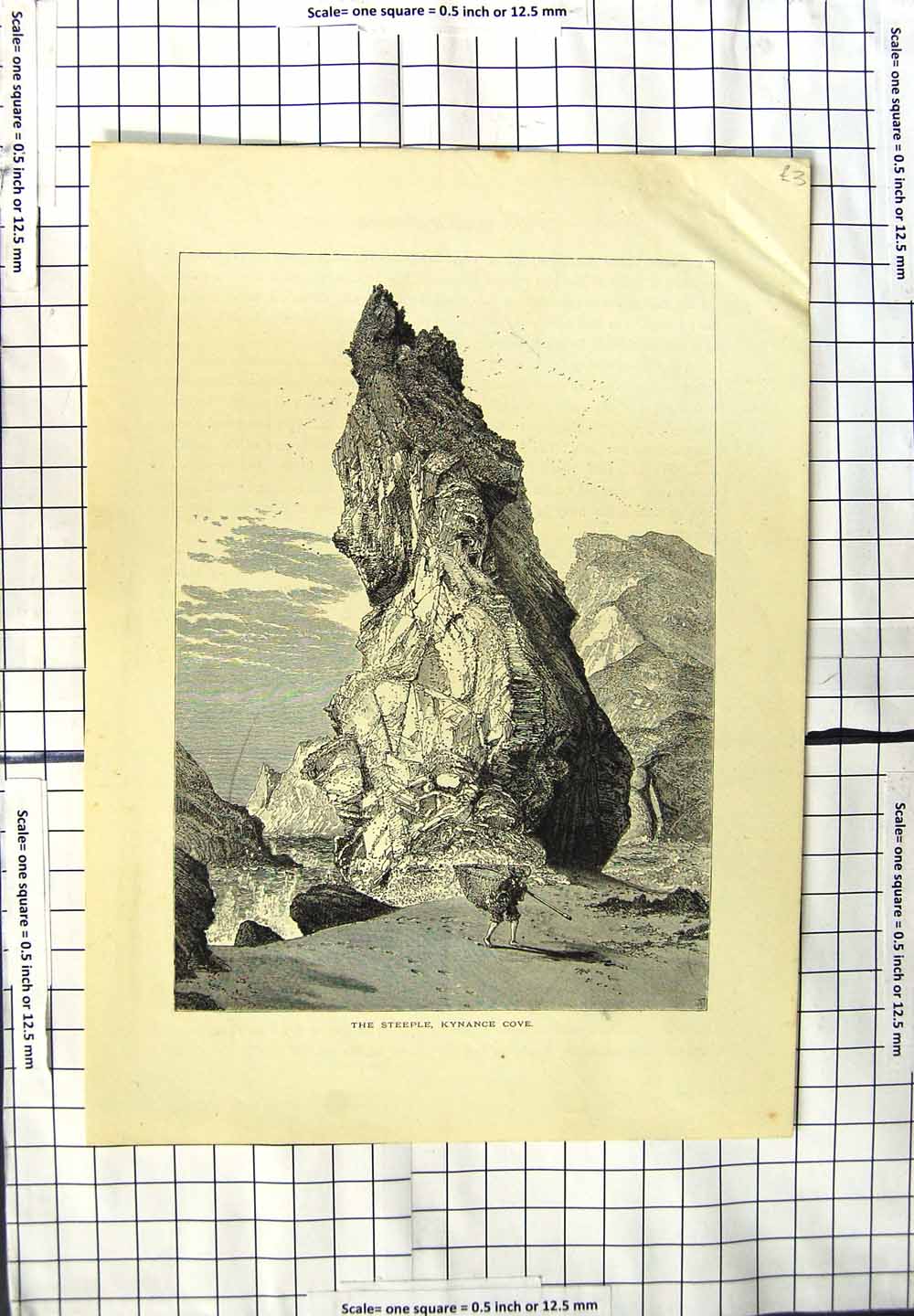 Original Old Antique Print View Steeple Kynance Cove Man Fishing Net