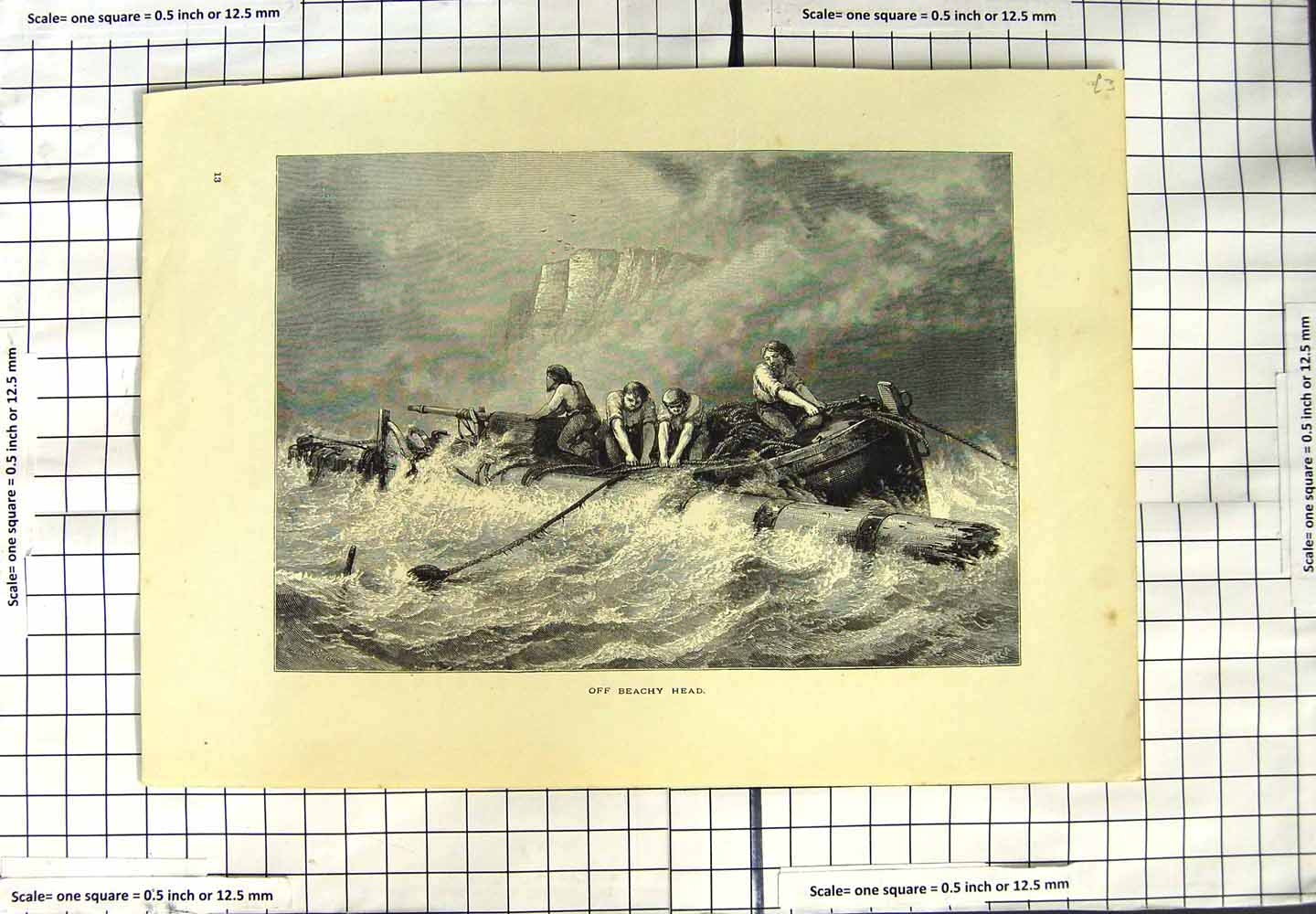 Original Old Antique Print Scene Beachy Haed Fishing Boat Wreck
