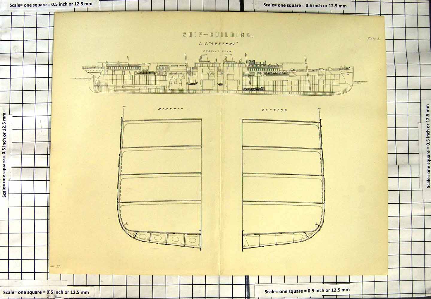 Old Antique Print Ship Building Profile Plan S.S. Austral Midship Section