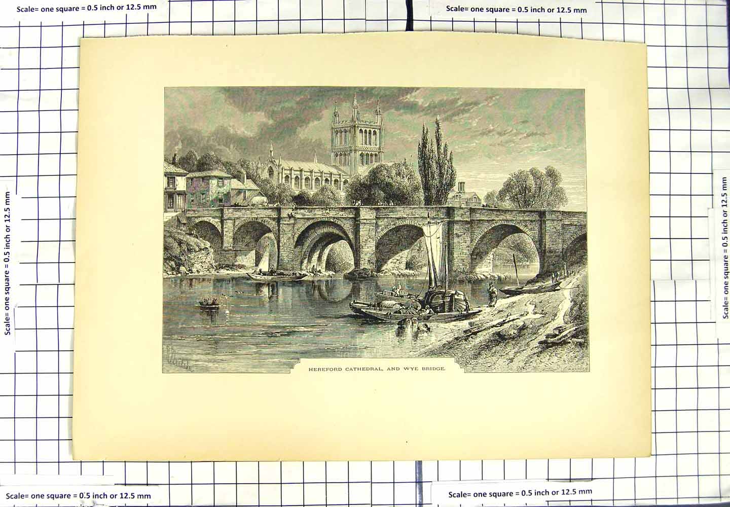 Original Old Antique Print Hereford Cathedral Wye Bridge River Architecture