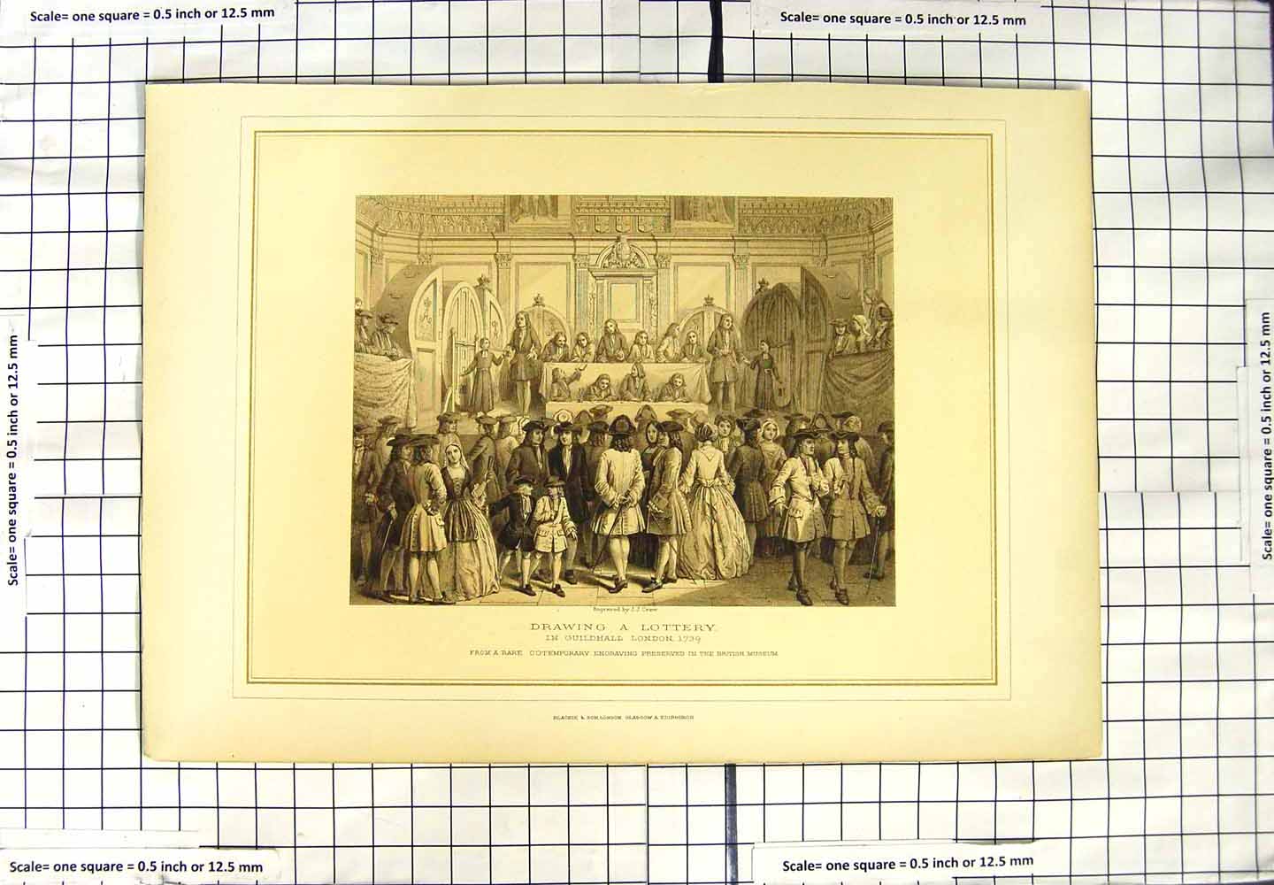 Original Old Antique Print Scene Drawing Lottery Guildhall London