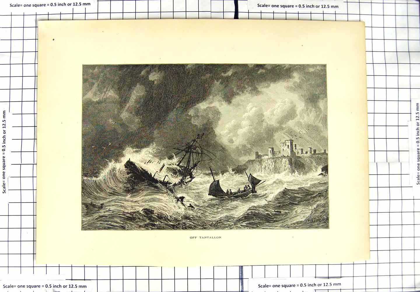 Original Old Antique Print Ref.6 View Tantallon Ship Wreck Stormy Sea