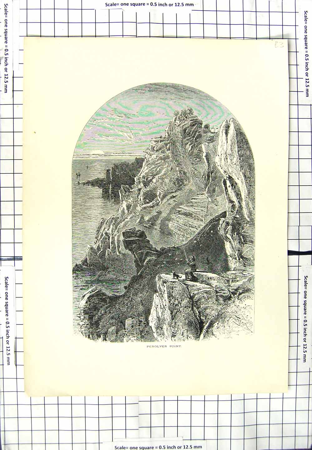 Original Old Antique Print View Penolver Point Rocks Cliffs