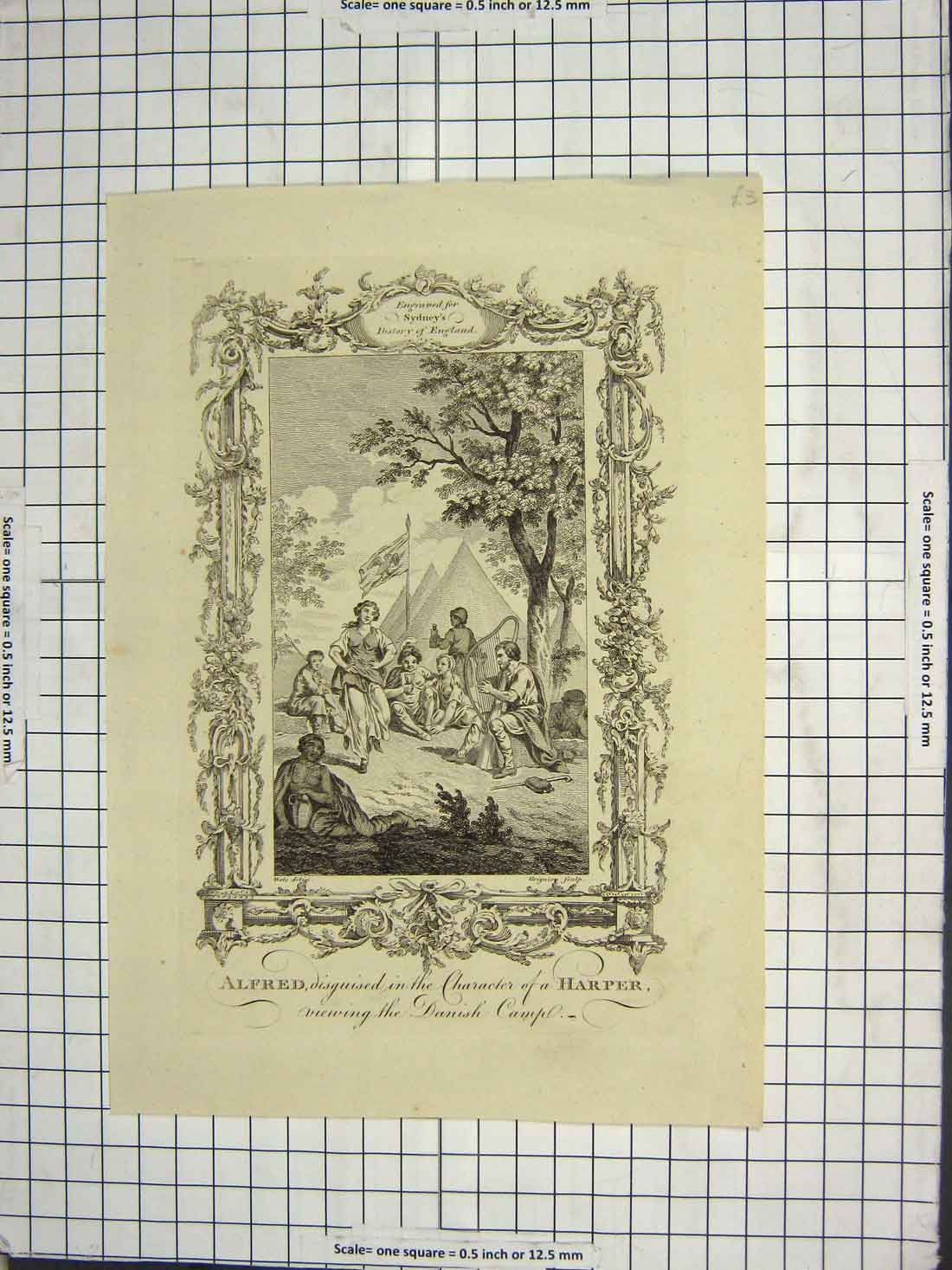 Original Old Antique Print King Alfred Disguised Harper Danish Camp Engraving
