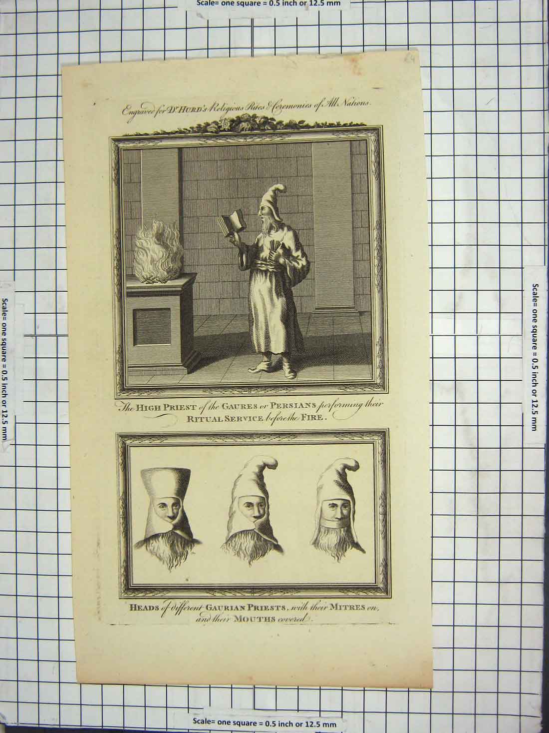 Original Old Antique Print Priest Persians Heads Gaurian Mitres Mouths Covered
