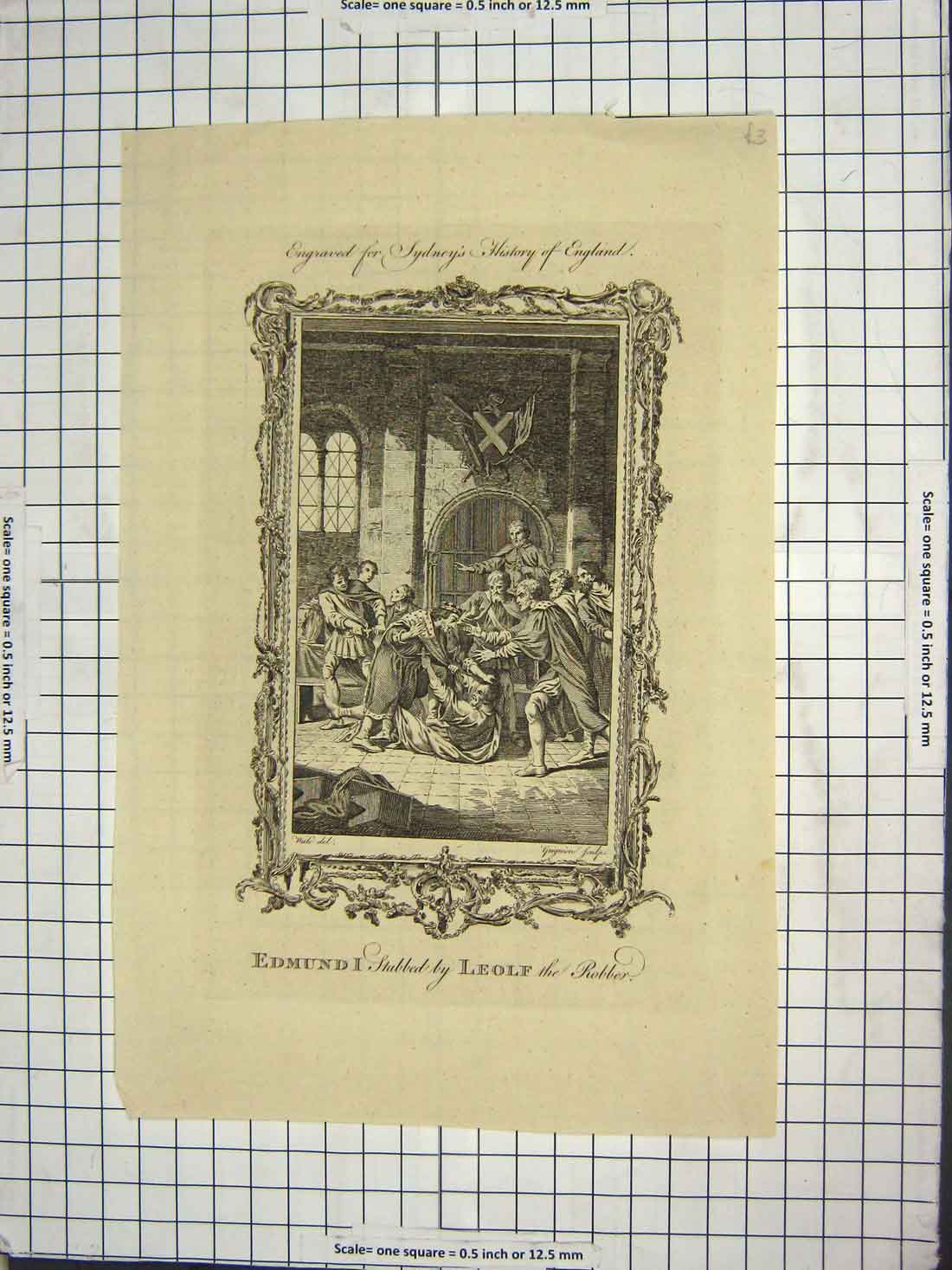 Original Old Antique Print Scene King Edmund Stabbed Leolf Robber Engraving