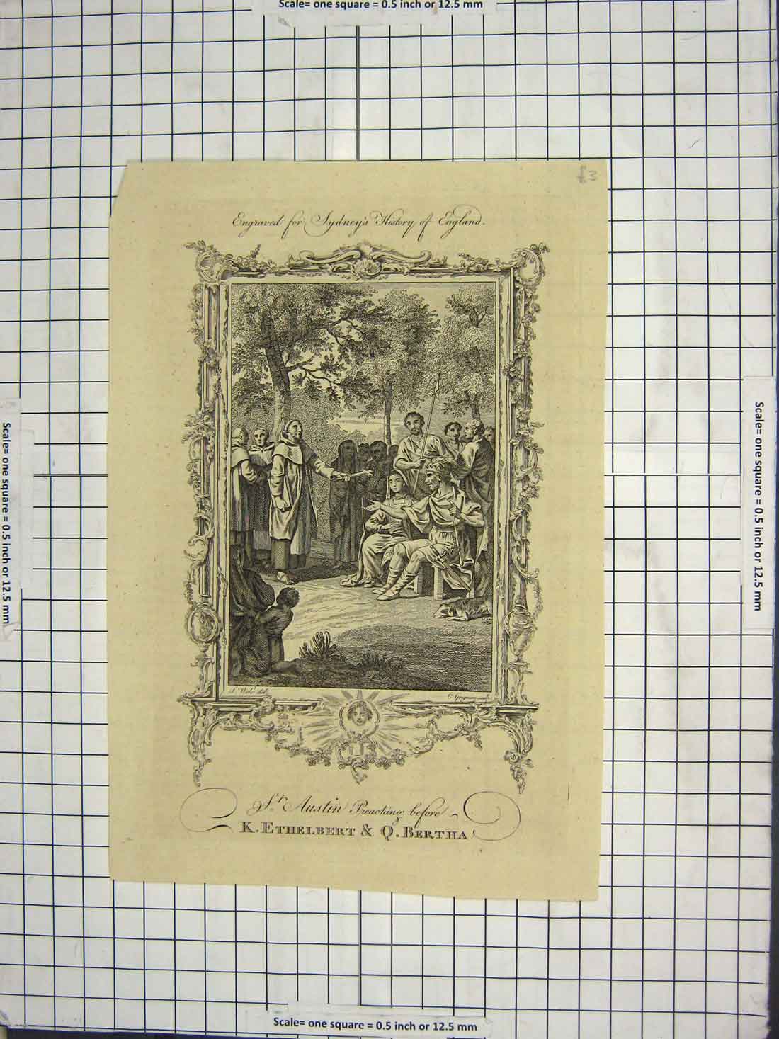 Original Old Antique Print Scene St. Austin Preaching Ethelbert Queen Bertha