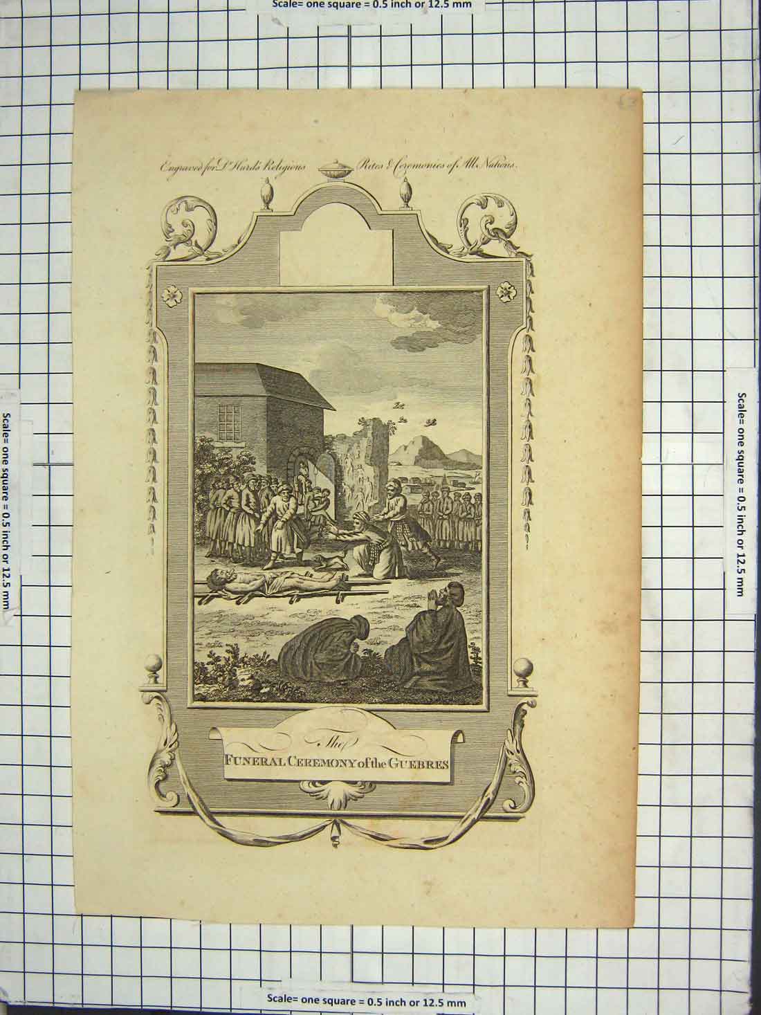 Original Old Antique Print Scene Funeral Ceremony Guebres Natives Engraving