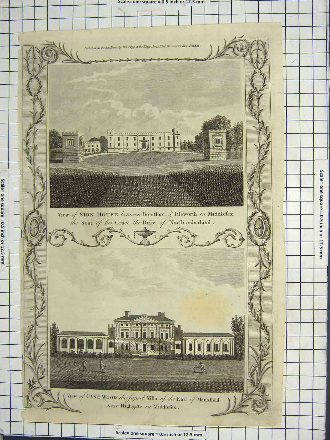 Old Antique Print Sion House Duke Northumberland Cane Wood Earl Mansfield