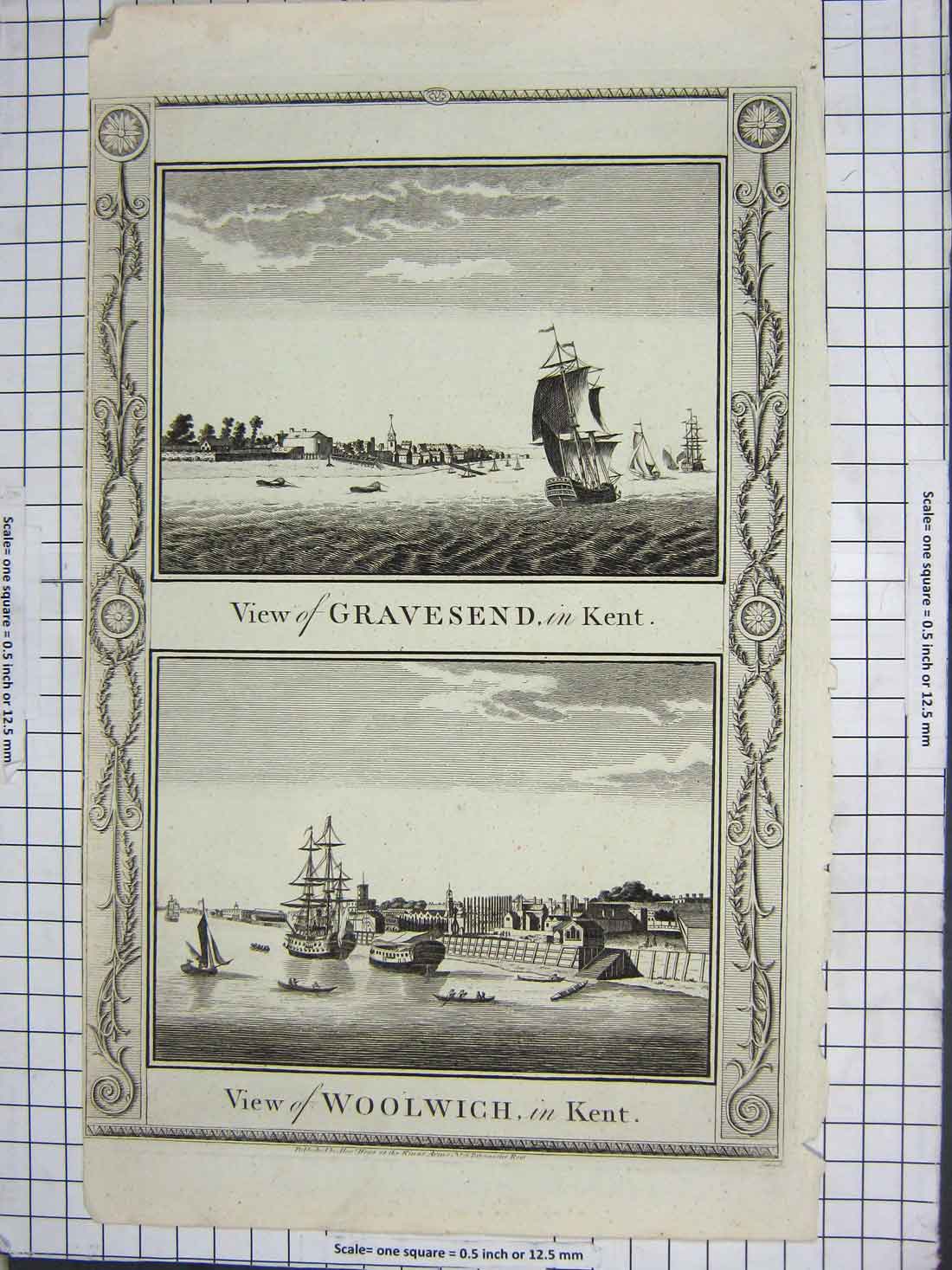 Original Old Antique Print View Gravesend Kent Woolwich Ships England Engraving