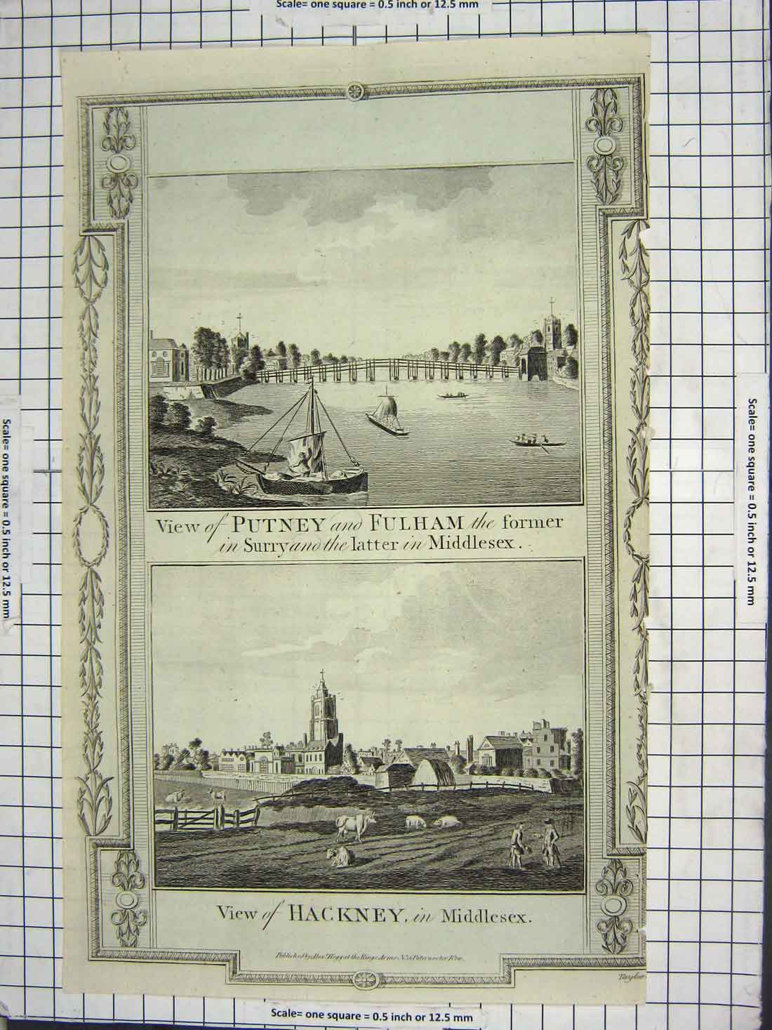 Original Old Antique Print Putney Fulham View Hacknay Middlesex Agriculture