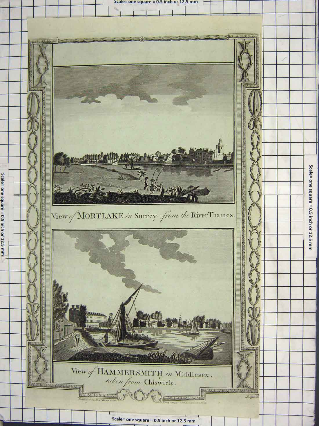Original Old Antique Print Mortlake Surrey River Thames Hammersmith Chiswick