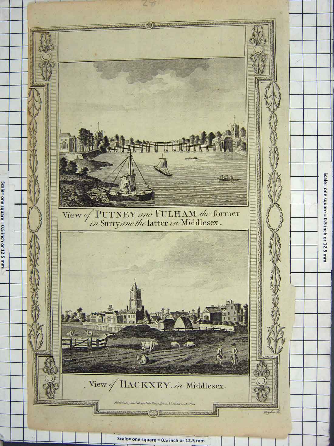 Original Old Antique Print Putney Fulham Middlesex Hackney Agriculture