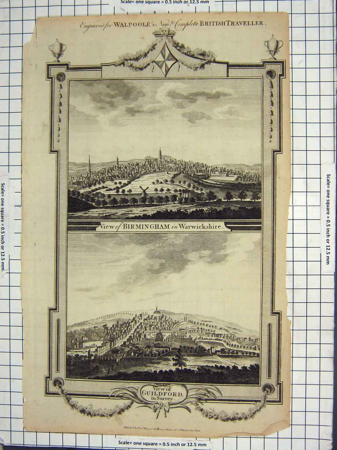 Old Antique Print View Birmingham Warwickshire Guildford Surrey England