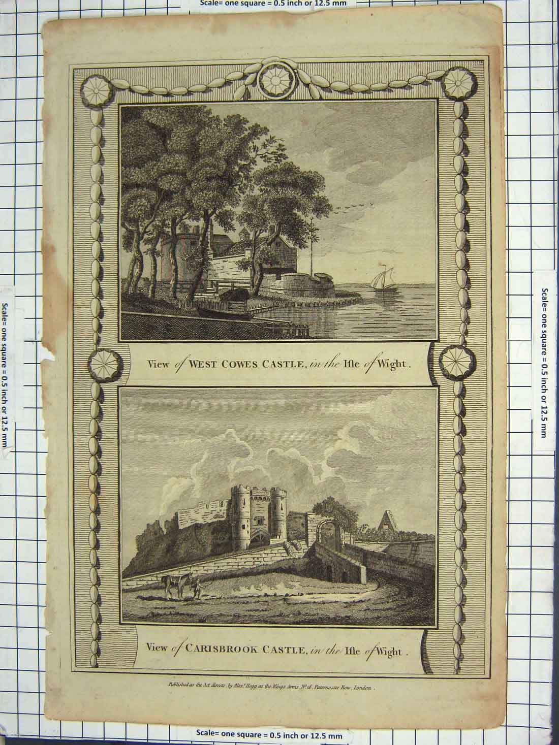 Original Old Antique Print West Cowes Castle Isle Wight Carisbrook Castle
