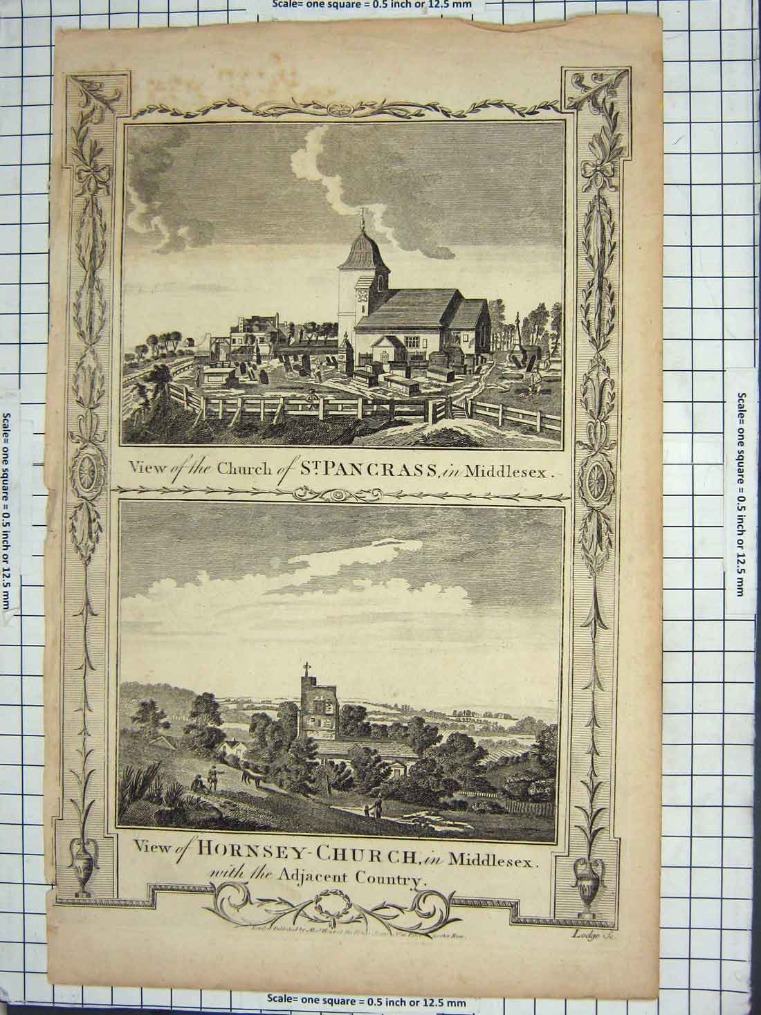 Original Old Antique Print Church St. Pancrass Middlesex Hornsey-Church England