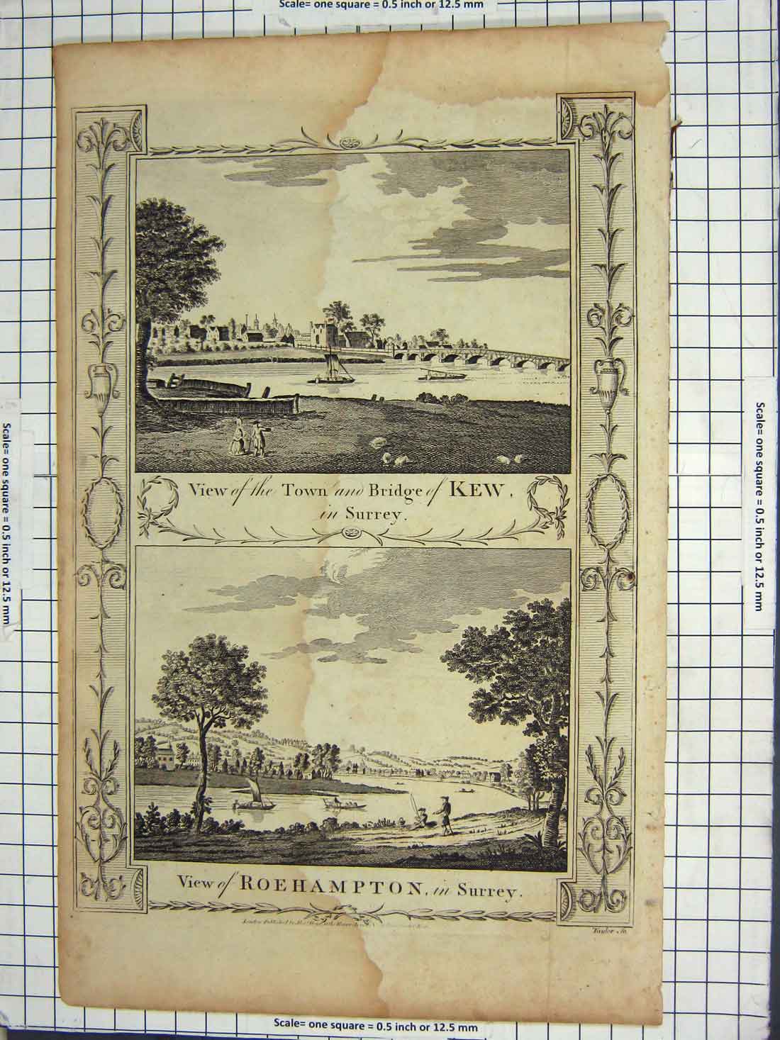 Original Old Antique Print View Town Bridge Kew Surrey Roehampton England