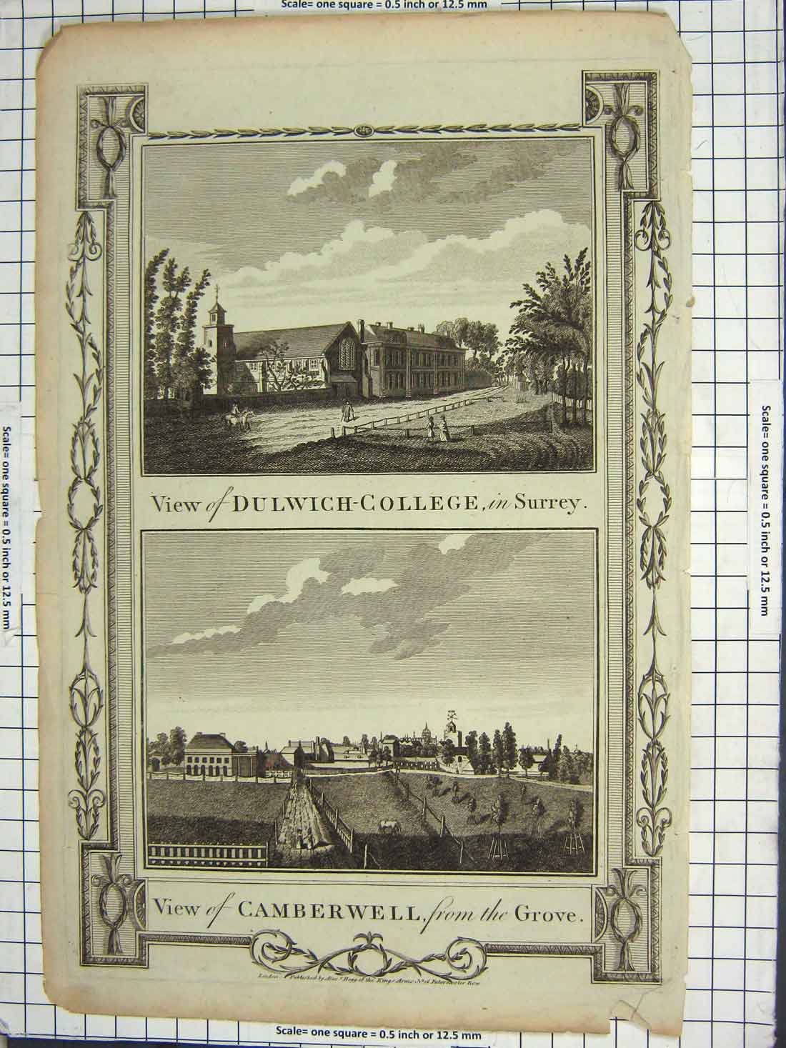 Original Old Antique Print Dulwich College Surrey Camberwell Grove England