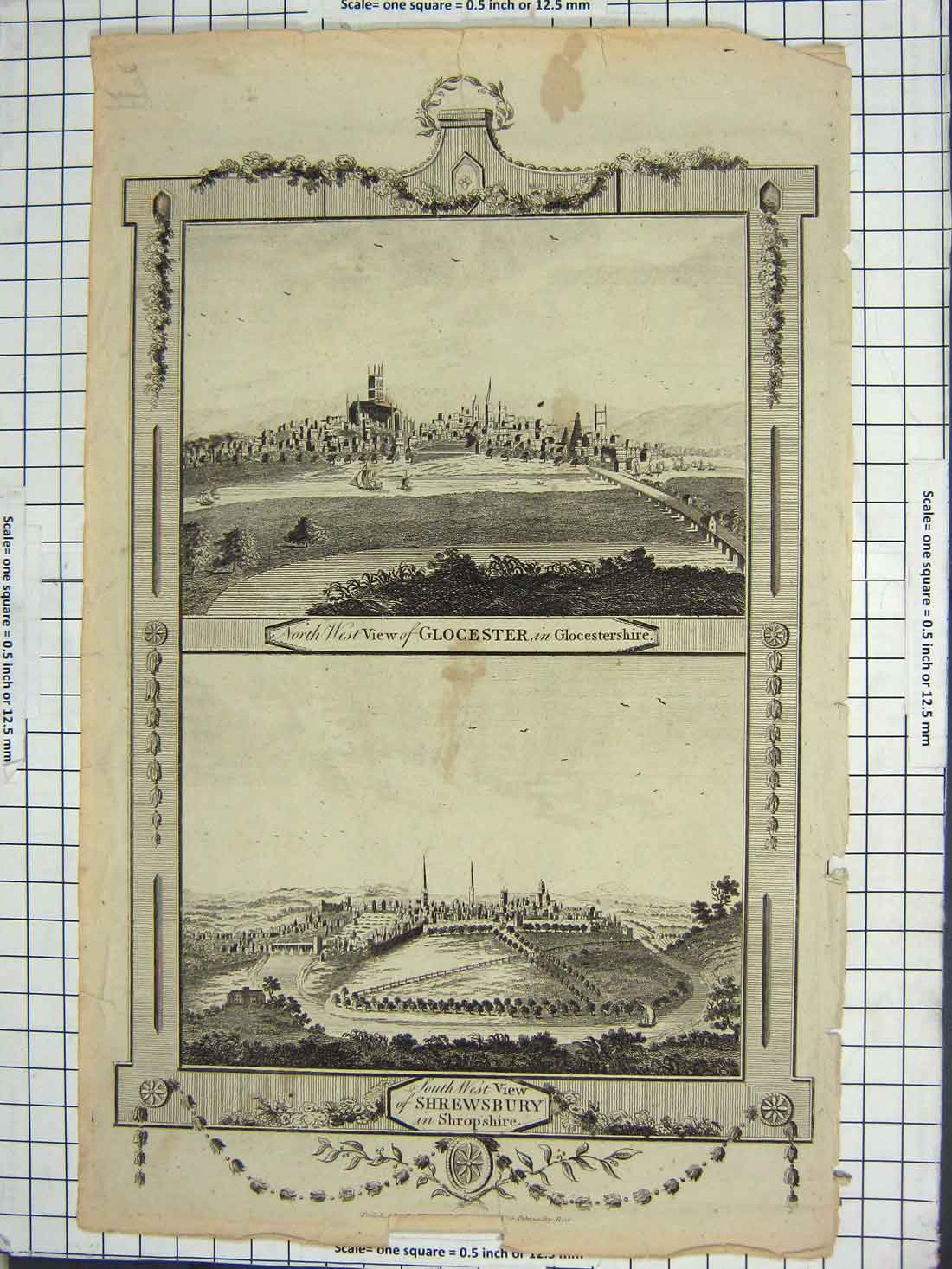 Original Old Antique Print View Gloucester Shrewsbury Shropshire England
