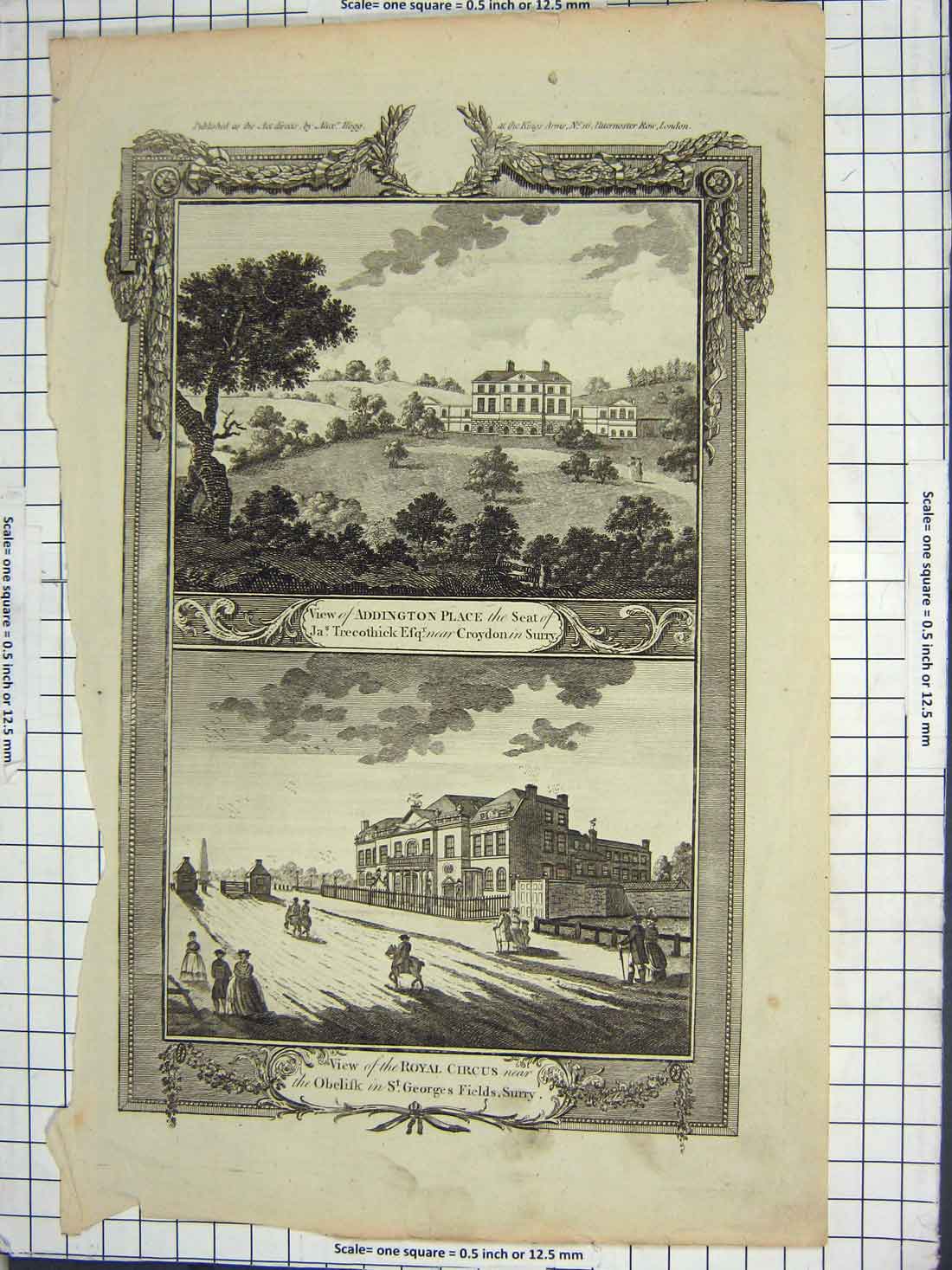 Original Old Antique Print View Addington Place Trecothick Croydon Royal Circus