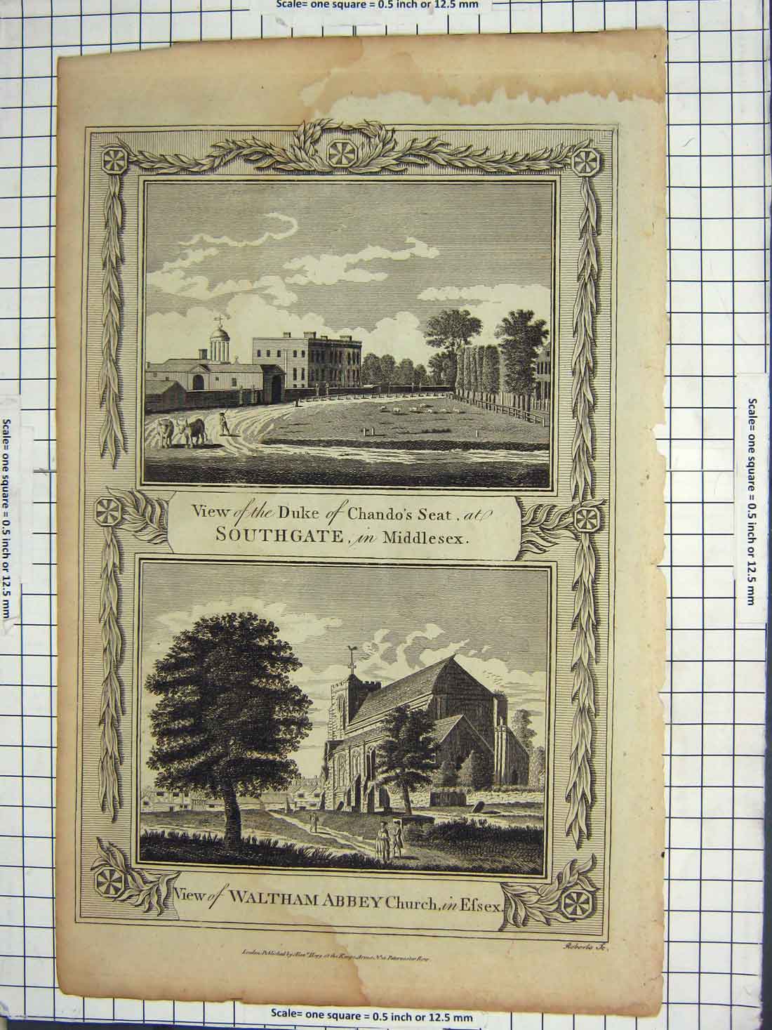 Original Old Antique Print View Duke Chando Southgate Middlesex Waltham Abbey