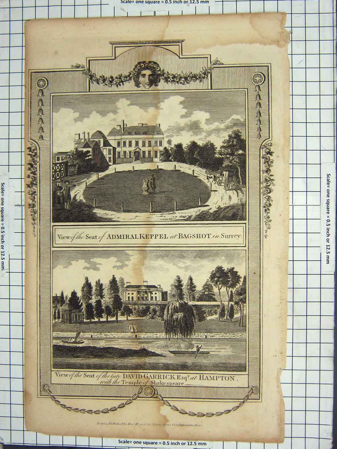 Original Old Antique Print Admiral Keppel Bagshot Surrey David Garrick Hampton