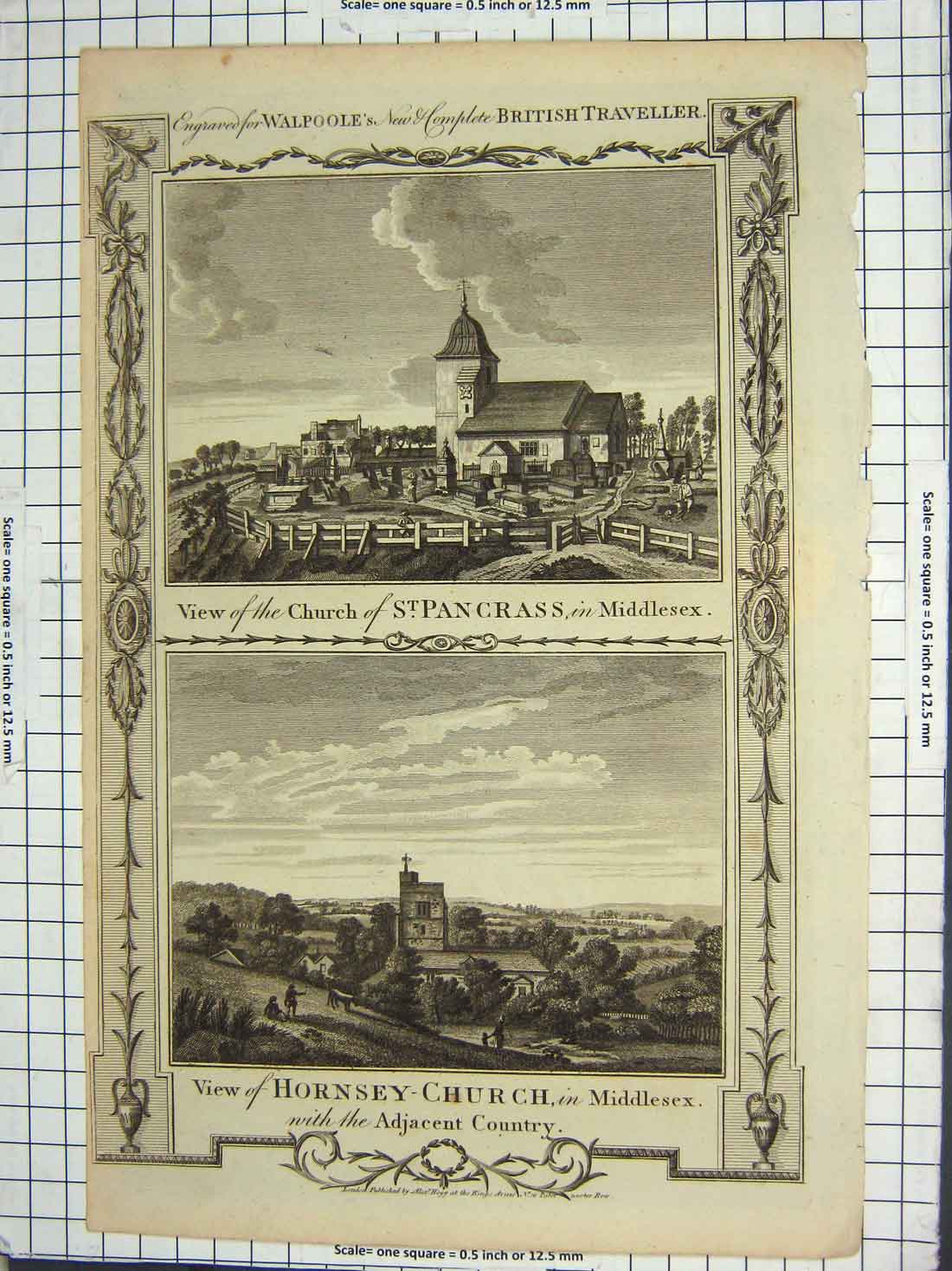 Original Old Antique Print Church Pancrass Middlesex Hornsey Walpoole Victorian