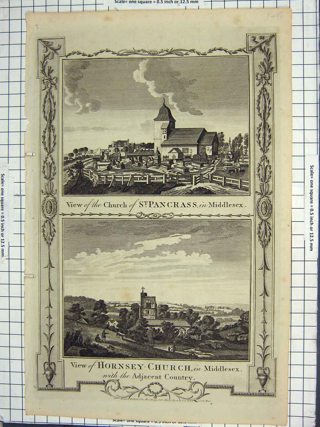 Original Old Antique Print Church Pancrass Middlesex Hornsey England Victorian