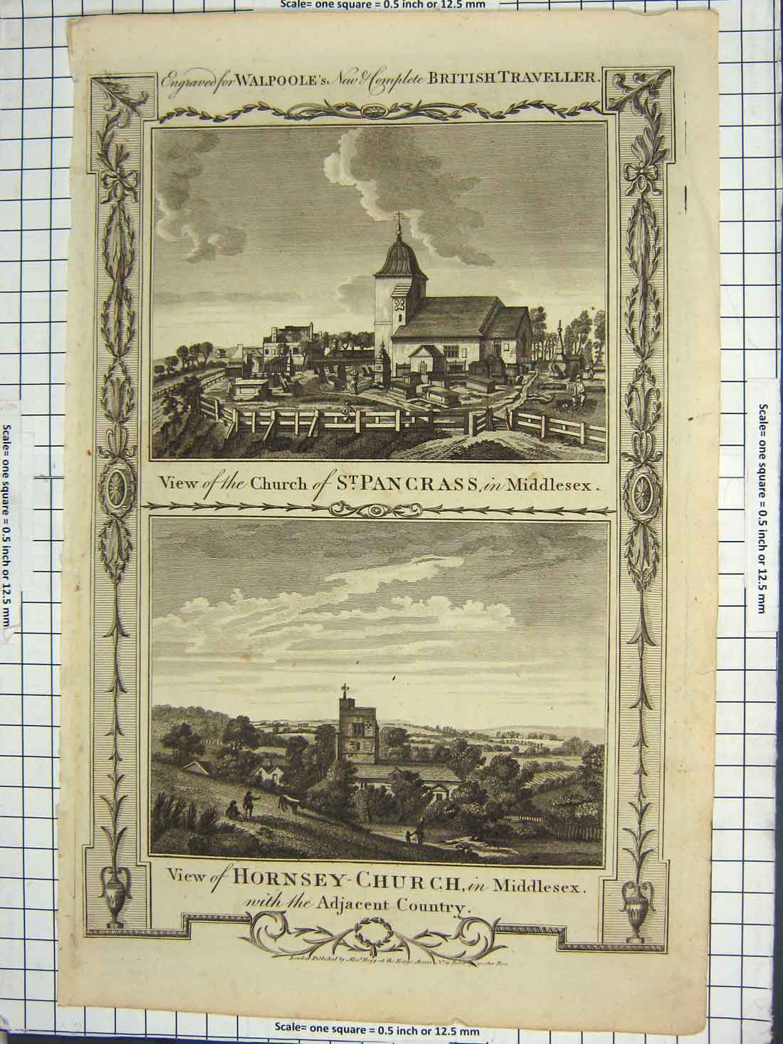 Old Antique Print Walpoole Church St. Pancrass Middlesex Hornsey England 19th