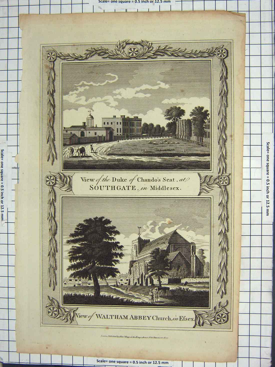 Original Old Antique Print Duke Chando Southgate Middlesex Waltham Abbey Church