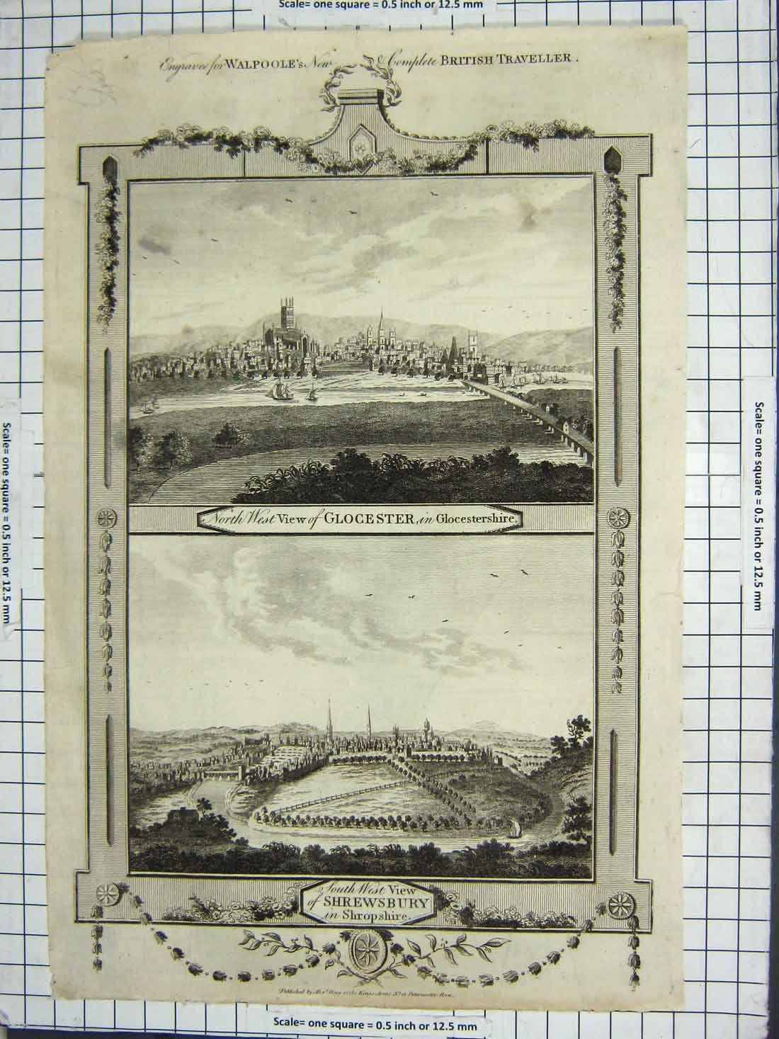 Original Old Antique Print View Shrewsbury Shropshire Gloucester England 20th