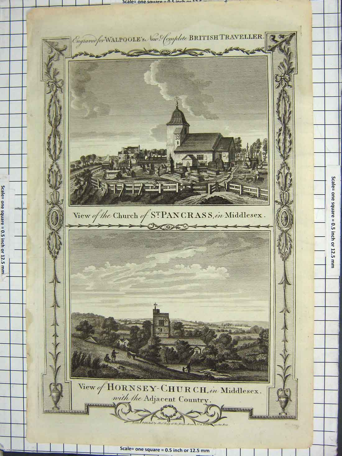 Old Antique Print Walpoole Church St. Pancrass Middlesex Hornsey Church 20th