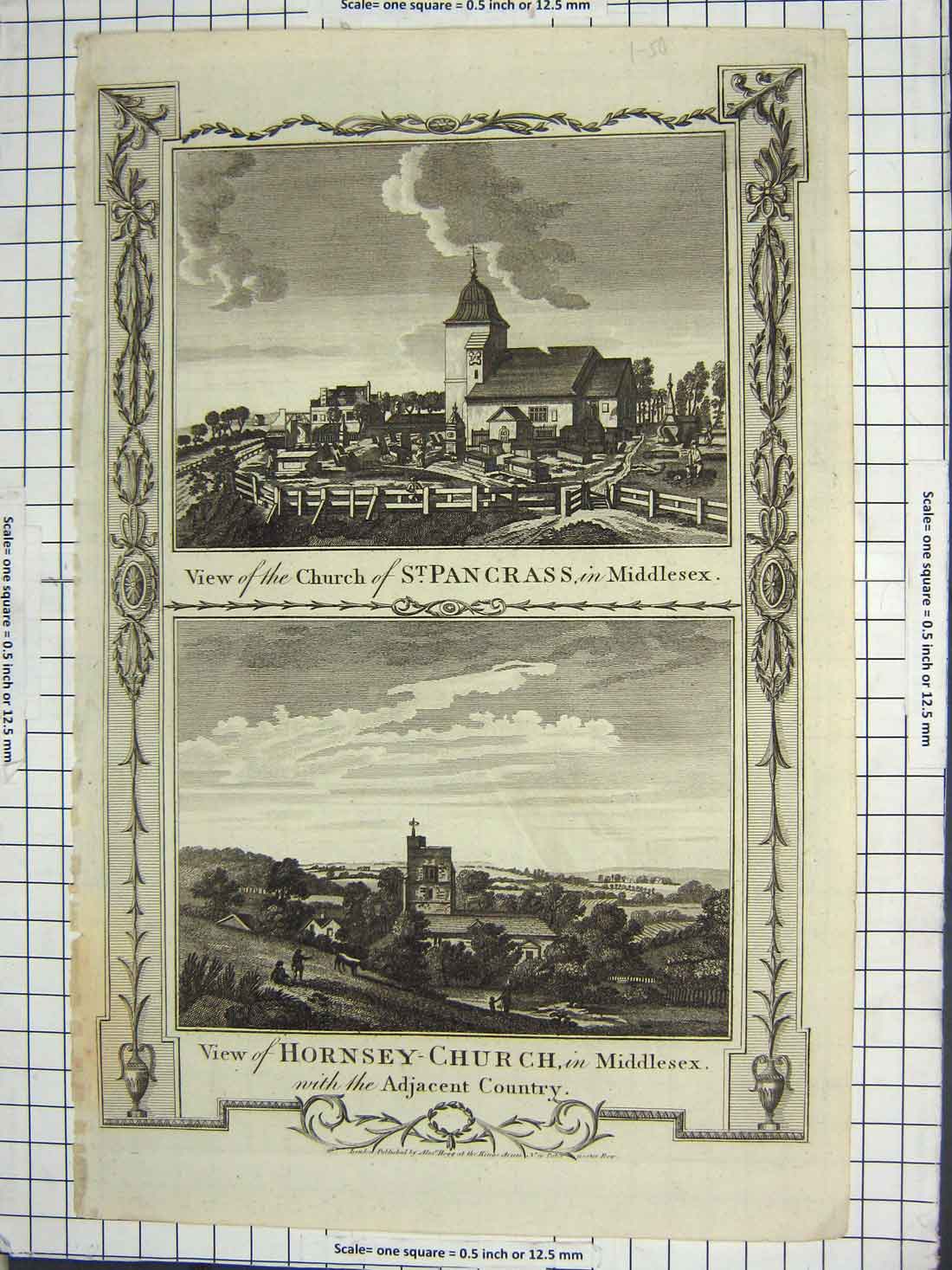 Original Old Antique Print Church St. Pancrass Middlesex Hornsey Church England
