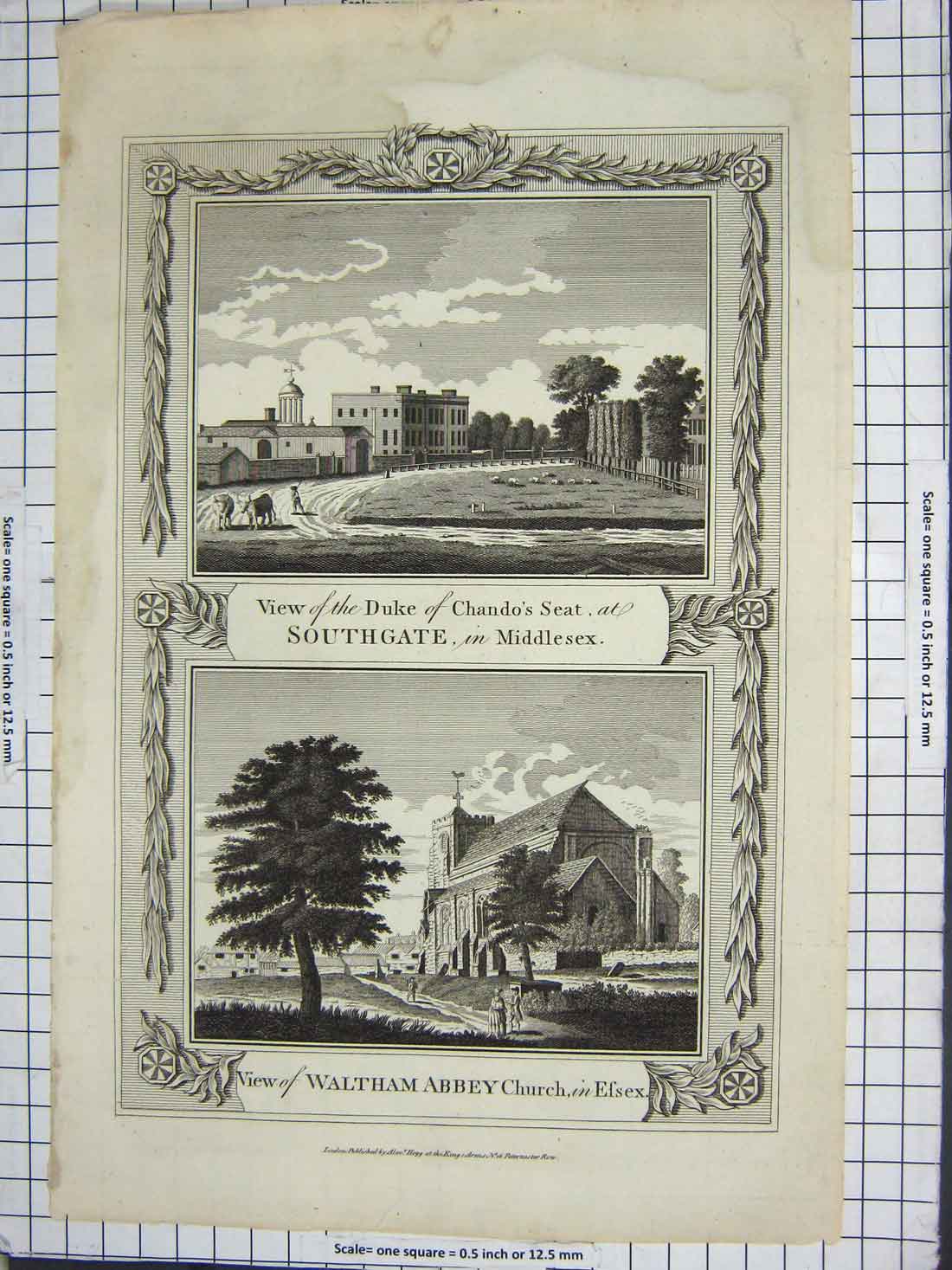 Old Antique Print Duke Chando Seat Southgate Waltham Abbey Church Essex