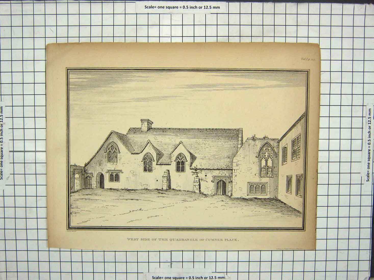 Original Old Antique Print West Side Quadrangle Cumner Place Architecture 1805