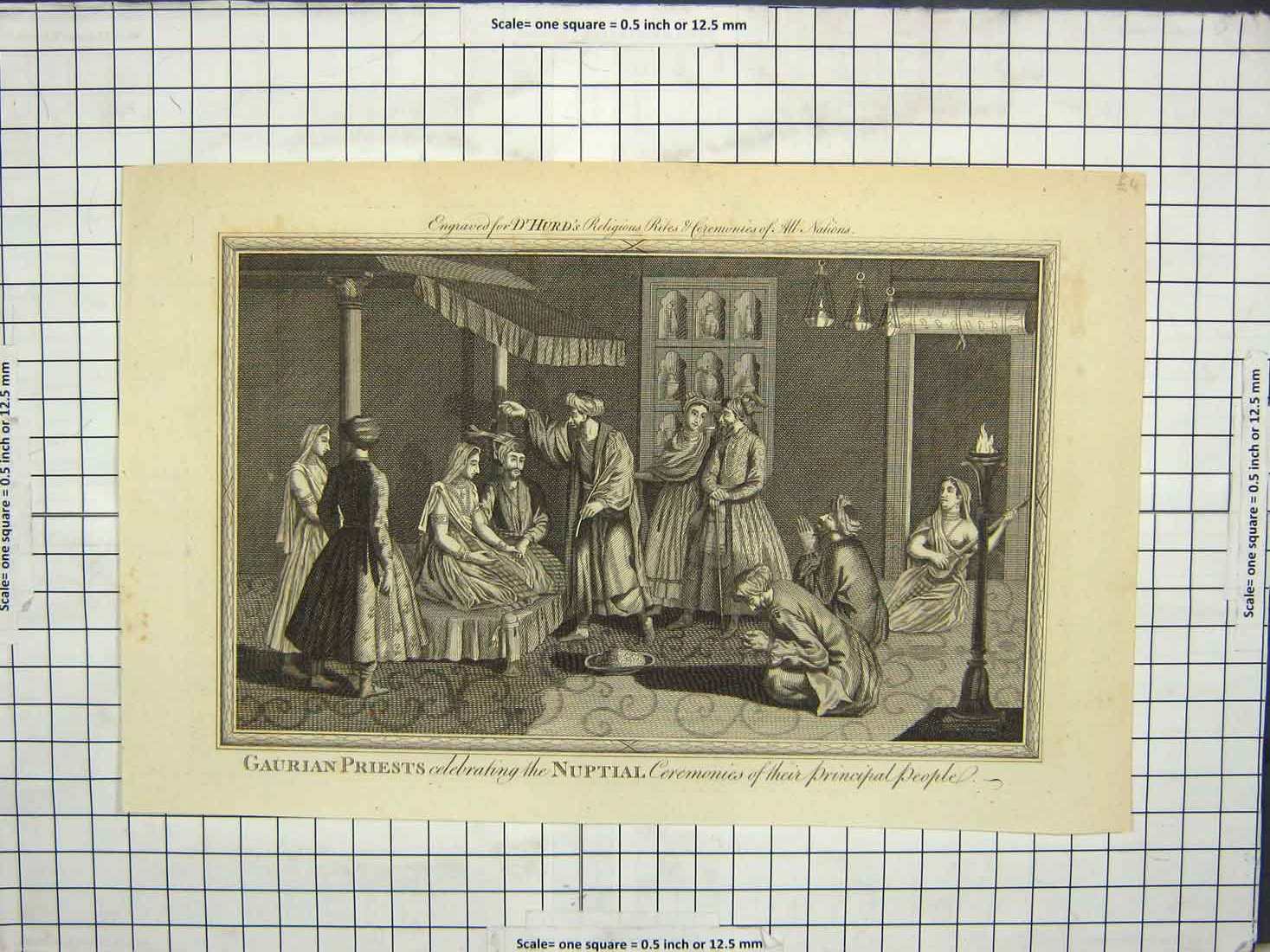 Original Old Antique Print Gaurian Priests Nuptial Ceremonies Principal People