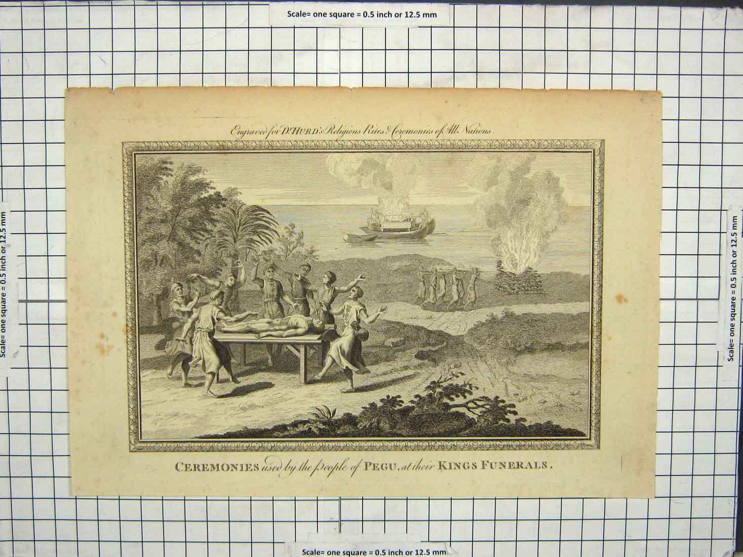 Original Old Antique Print Scene Ceremonies Used People Pegu Kings Funerals