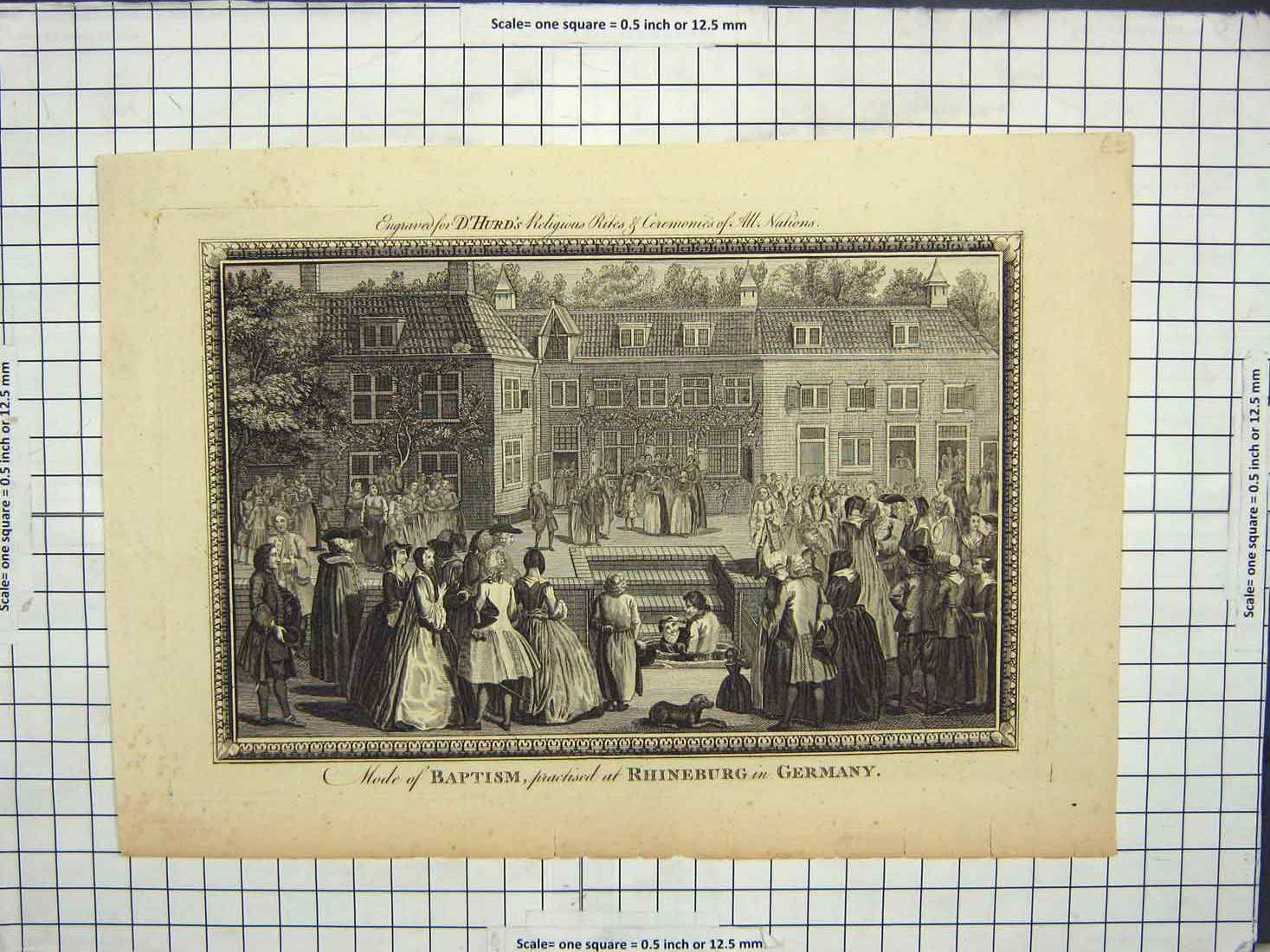 Original Old Antique Print Mode Baptism Practised Rhineburg Germany Hurd