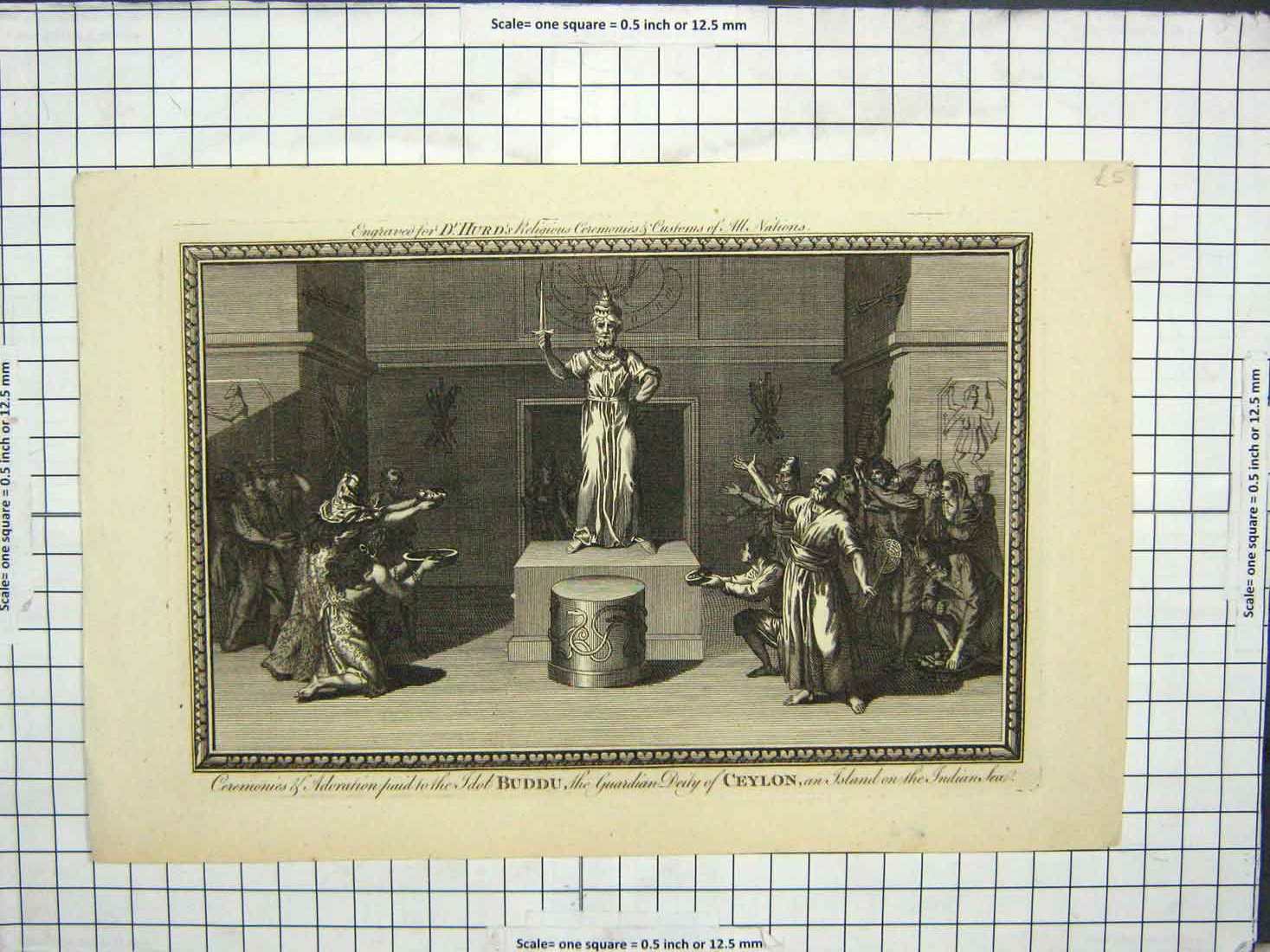 Original Old Antique Print Ceremony Adoration Idol Buddu Guardian Ceylon