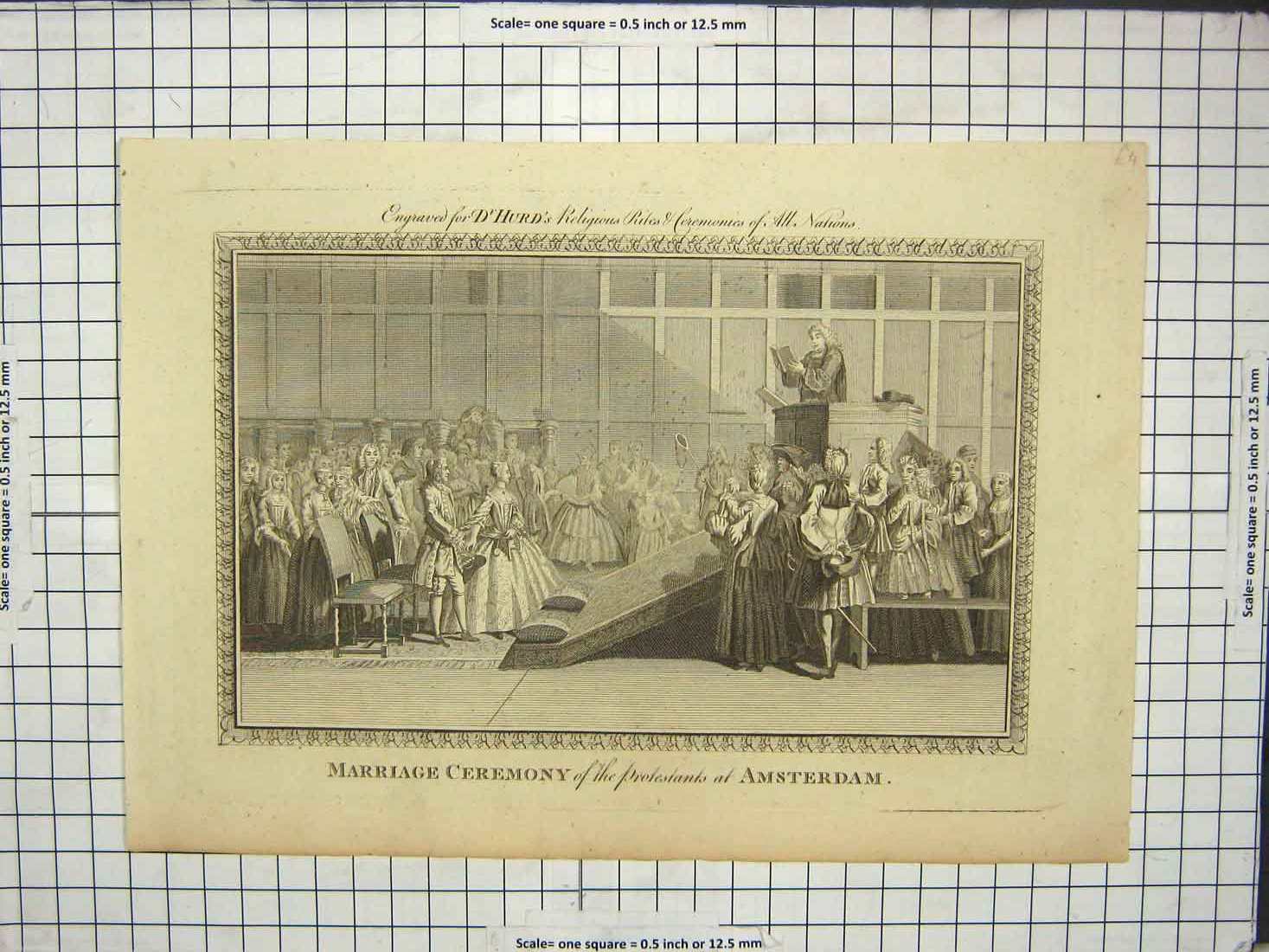 Original Old Antique Print Marriage Ceremony Protestants Amsterdam Hurd