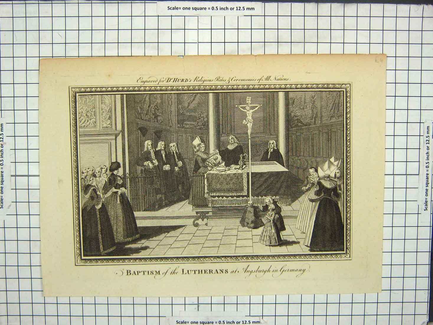 Original Old Antique Print Scene Baptism Lutherans Augsburgh Germany Engraving