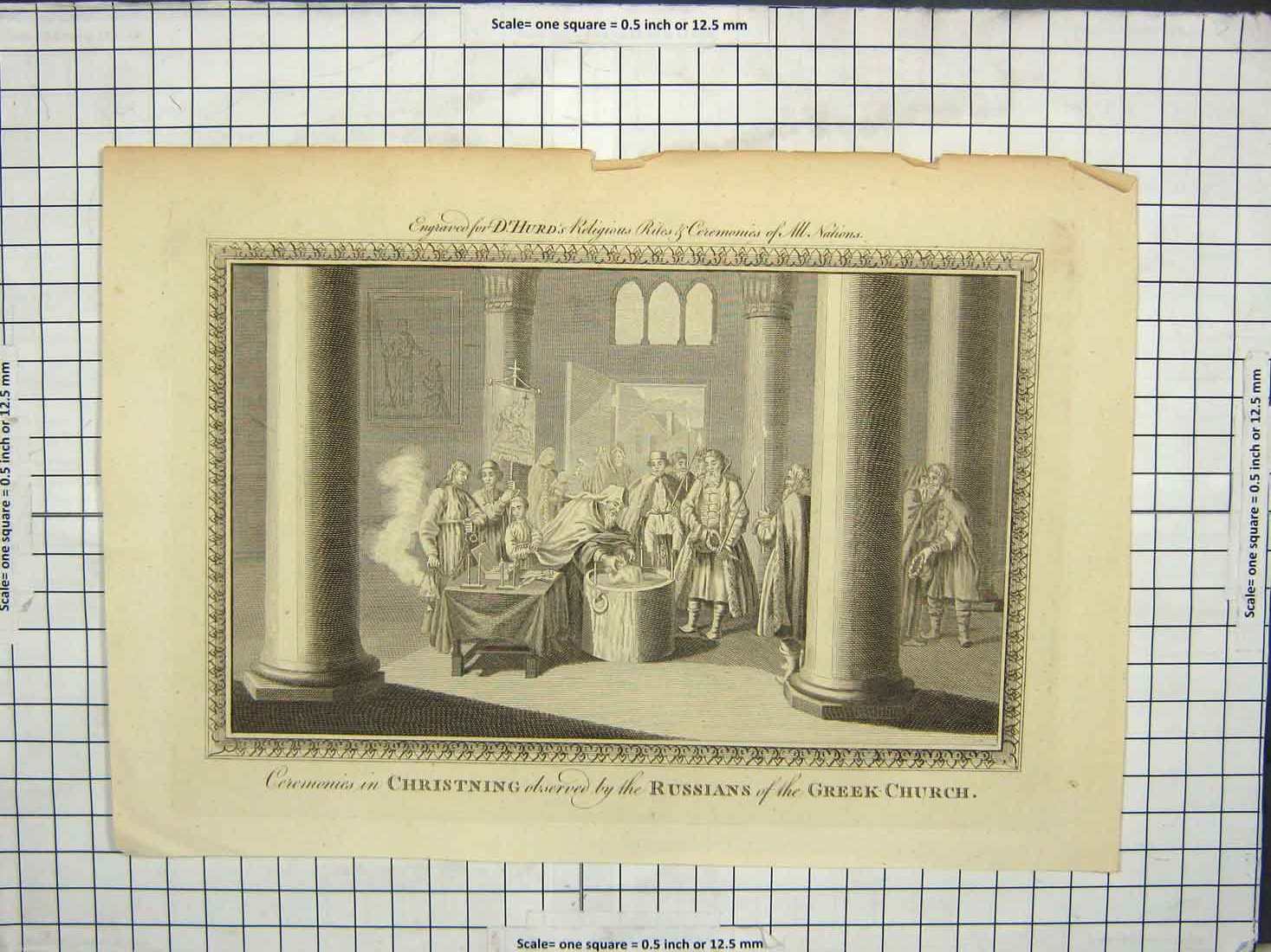 Original Old Antique Print Ceremony Christning Russians Greek Church Religion