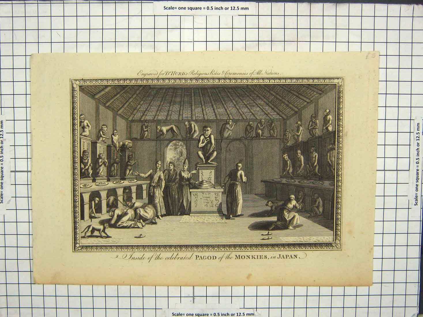 Original Old Antique Print Hurd Engraving Inside Celebrated Pagod Monkies Japan