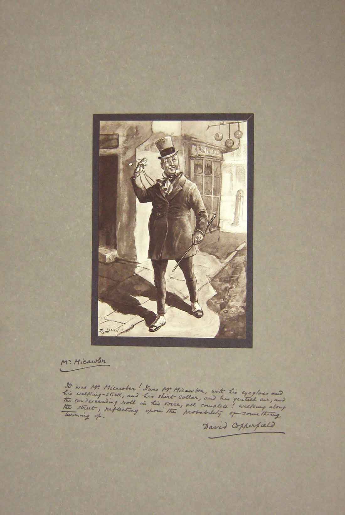 Original Old Antique Print Lewin Dickens David Copperfield Micawler Portrait