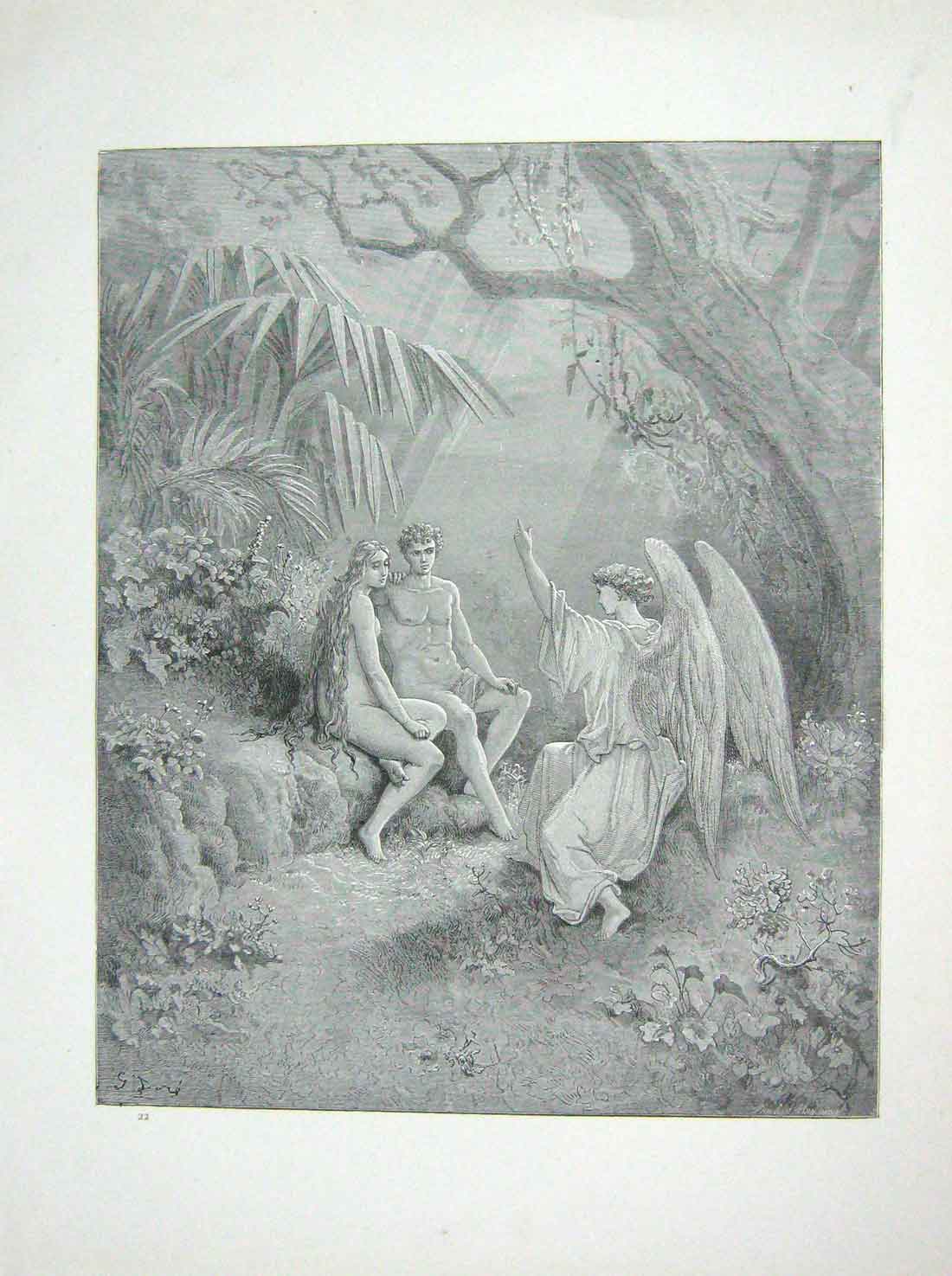 Original Old Antique Print 1881 Gustave Dore Paradise Lost Winged Hierarch Adam